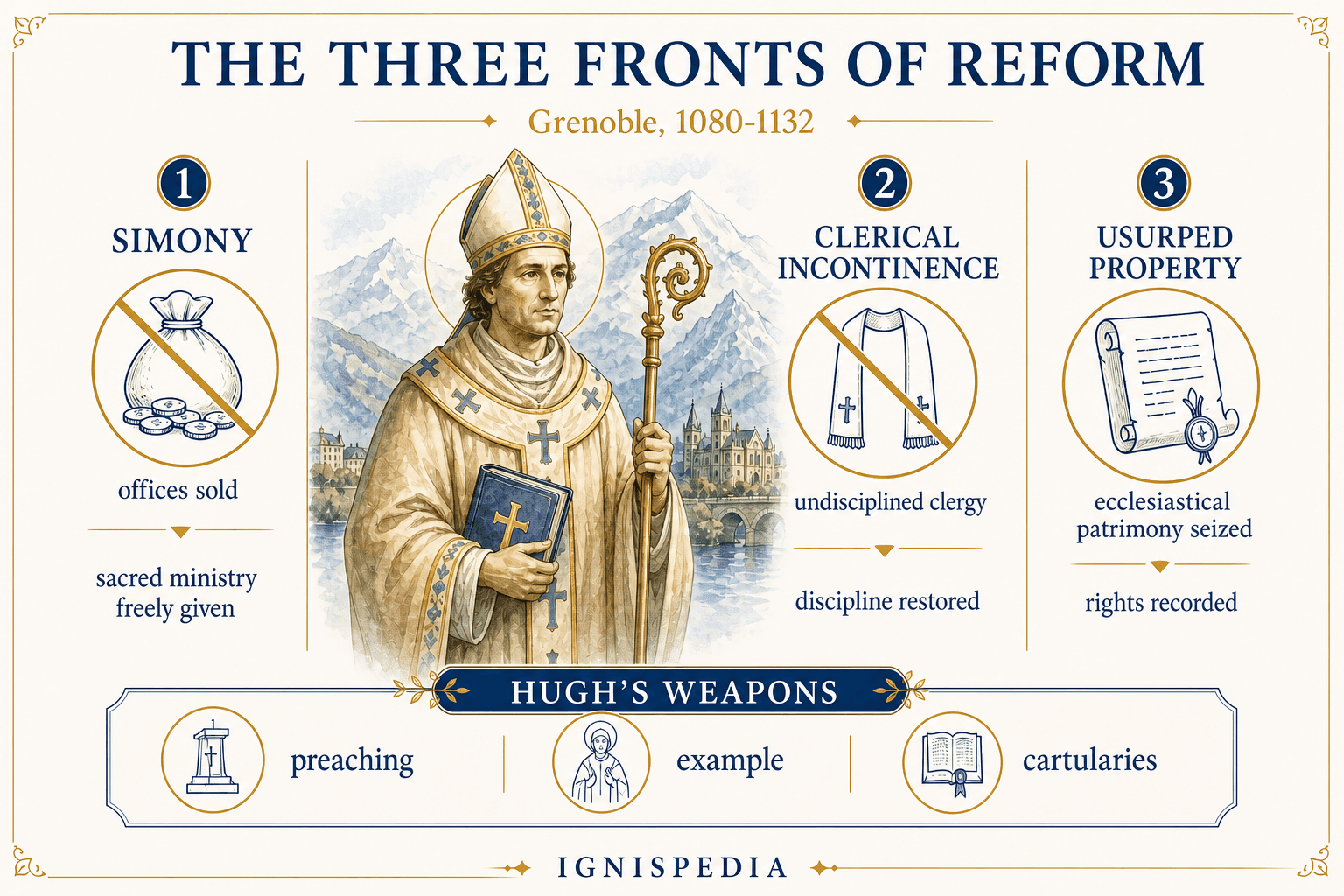 Infographic showing the three fronts of Saint Hugh's reform in Grenoble: simony, clerical incontinence, and usurped Church property
