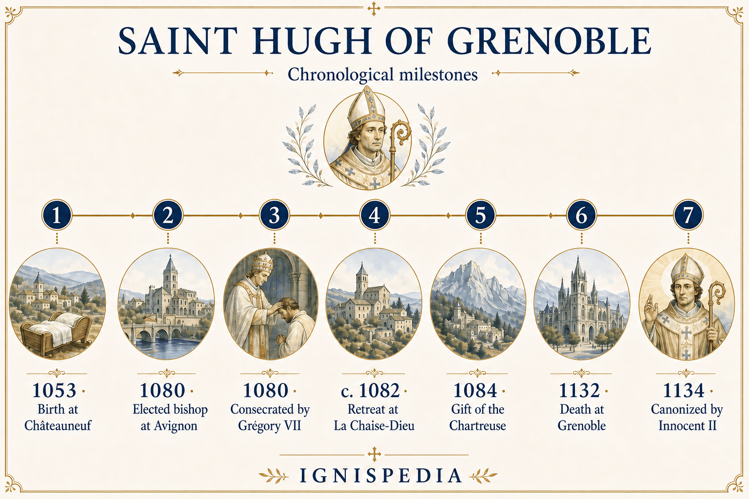 Timeline of Saint Hugh of Grenoble's life from his birth in 1053 to his canonization in 1134