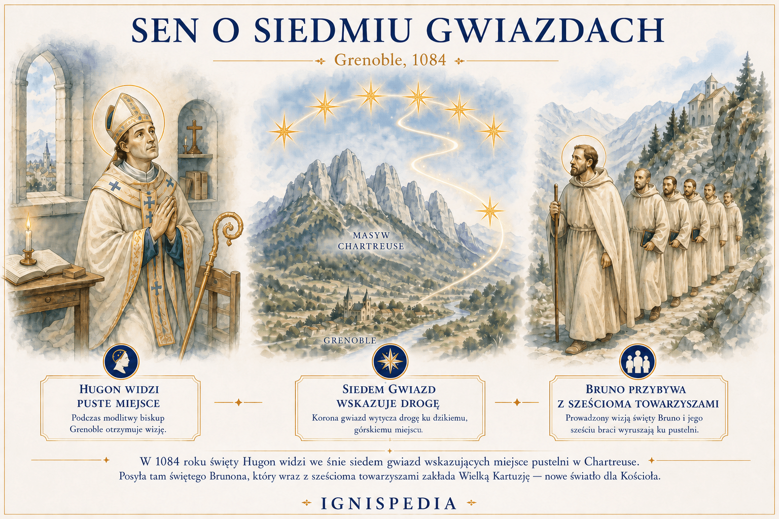 Infografika przedstawiająca sen świętego Hugona o siedmiu gwiazdach oraz przybycie świętego Brunona z sześcioma towarzyszami