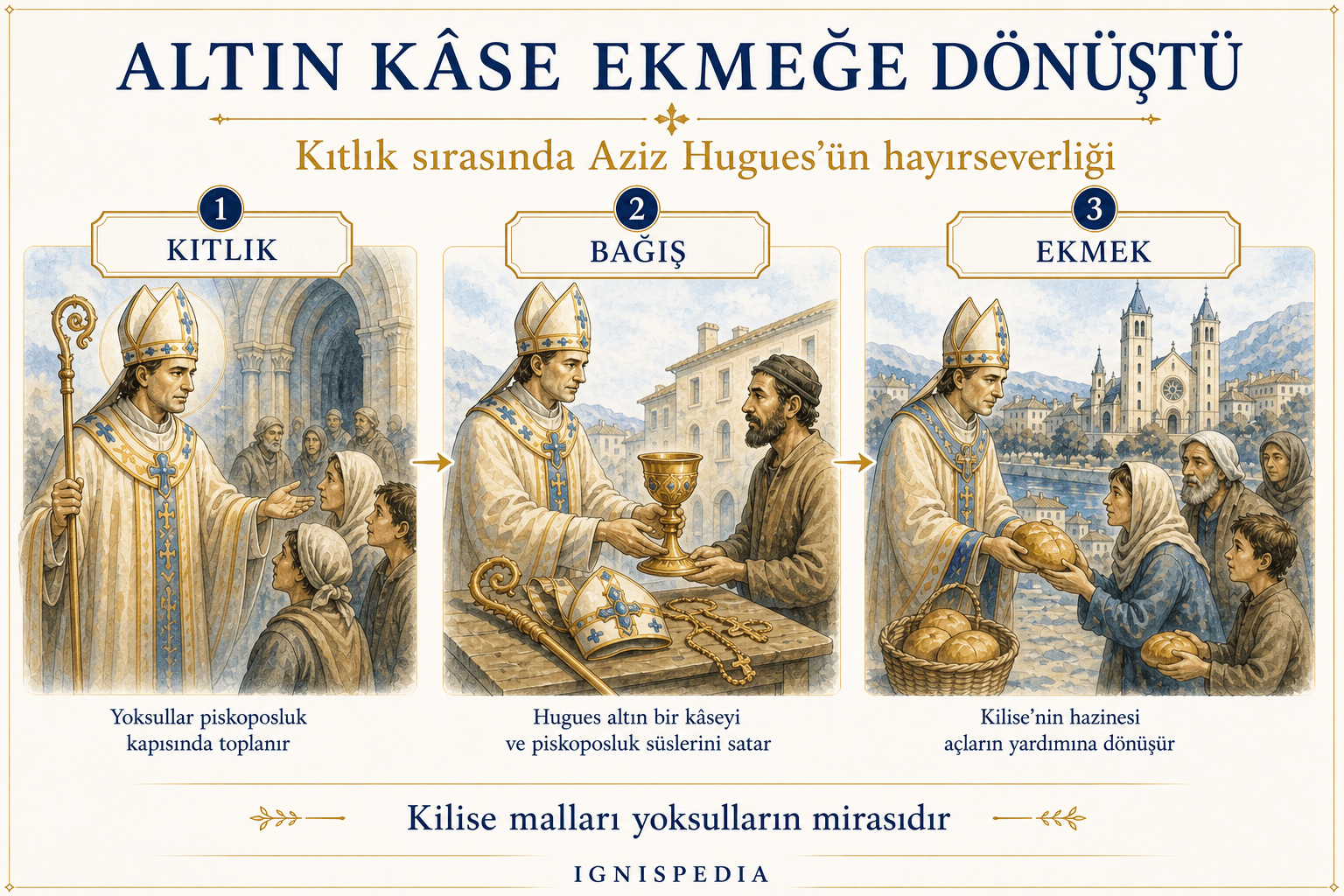 Bir kıtlık sırasında aziz Hugues’un fakirlere yardım etmek için bir kadeh ve süs eşyaları sattığını gösteren infografik