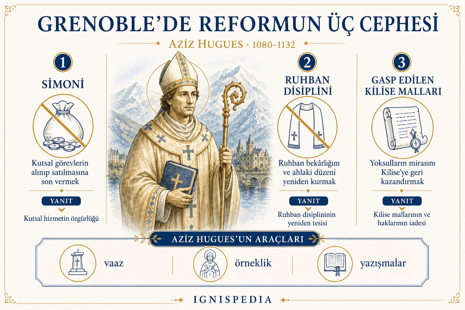 Aziz Hugues'un Grenoble'da yürüttüğü reformun üç cephesinin infografiği: simoni, nikolaizm ve gasp edilen mallar