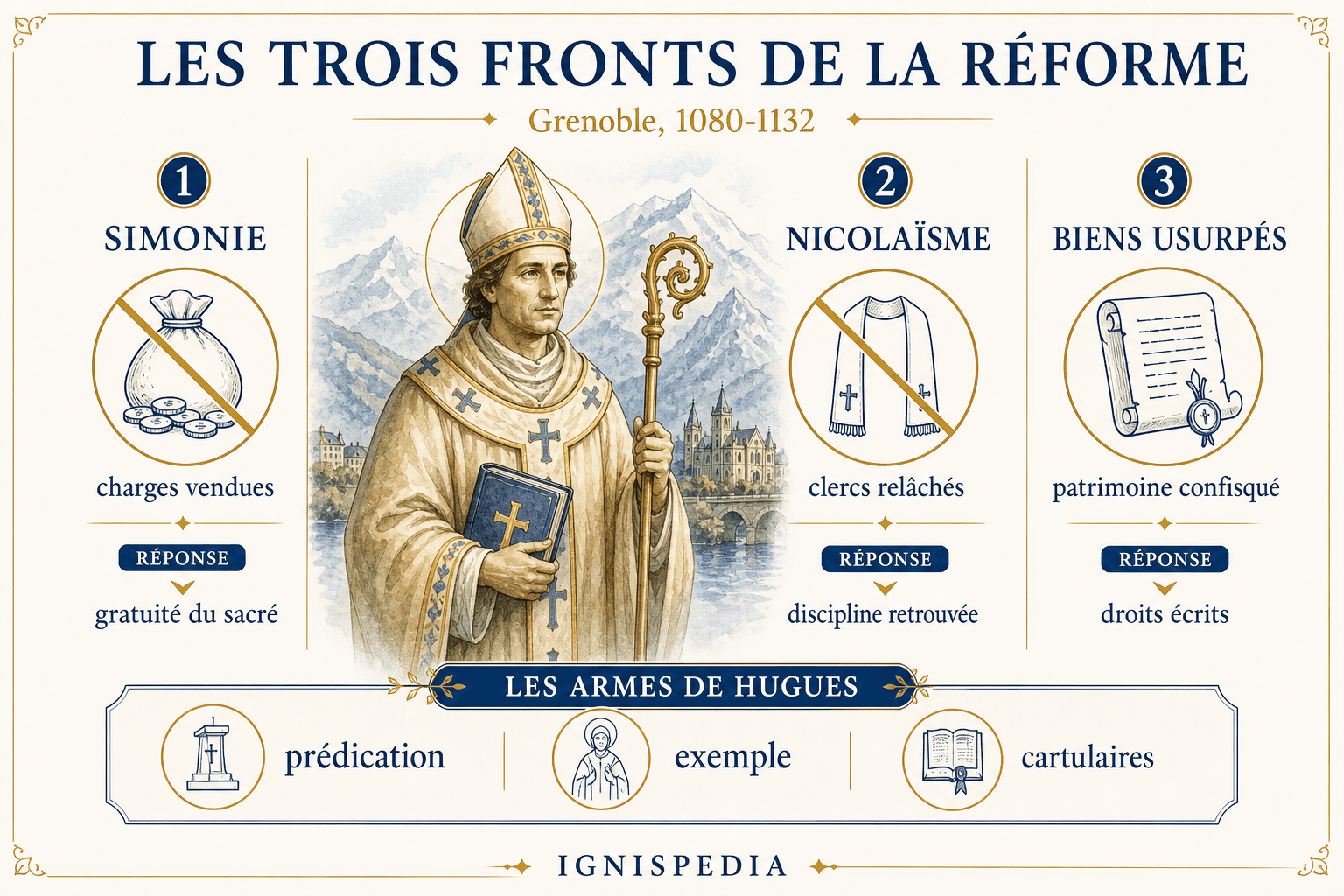Infografik der drei Fronten der vom heiligen Hugo in Grenoble geführten Reform: Simonie, Nikolaitismus und geraubte Güter