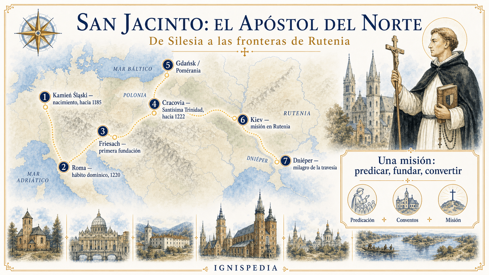 Infografía en español del itinerario de san Jacinto desde Kamień Śląski, pasando por Roma, Friesach, Cracovia y Gdańsk, hasta Kiev y el Dniéper