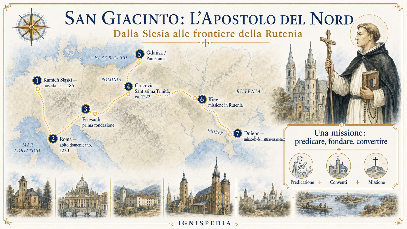 Infografica italiana dell'itinerario di san Giacinto da Kamień Śląski, attraverso Roma, Friesach, Cracovia e Gdańsk, fino a Kiev e al Dniepr