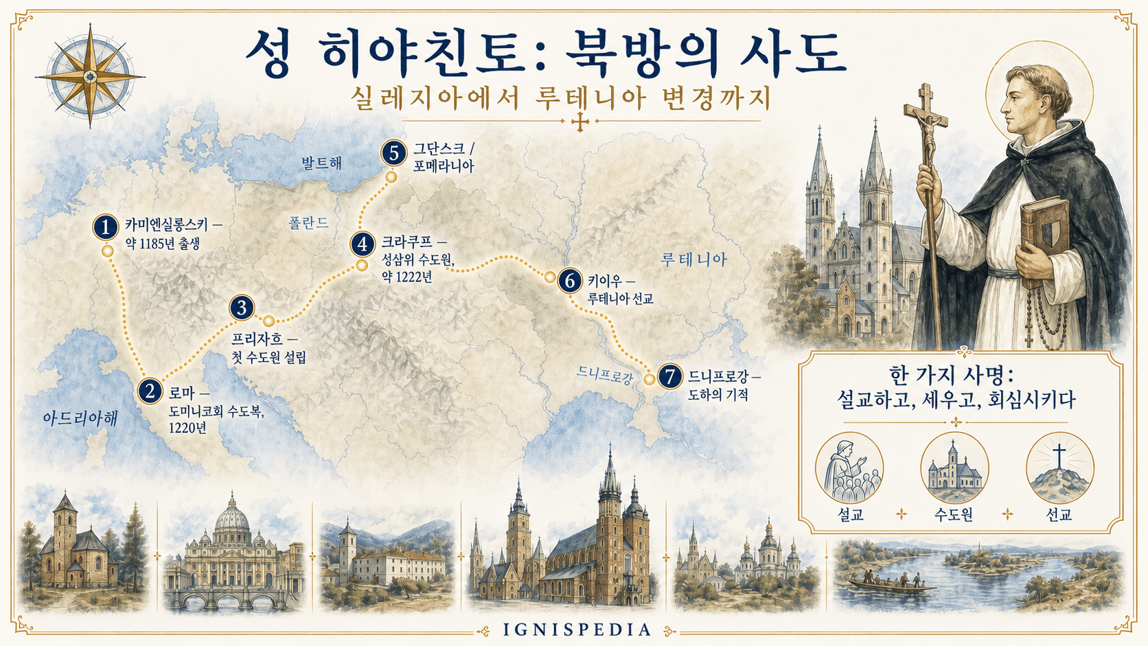 카미엔실롱스키에서 로마, 프리자흐, 크라쿠프, 그단스크, 키이우와 드니프로강까지 이어지는 성 히야친토의 여정 지도