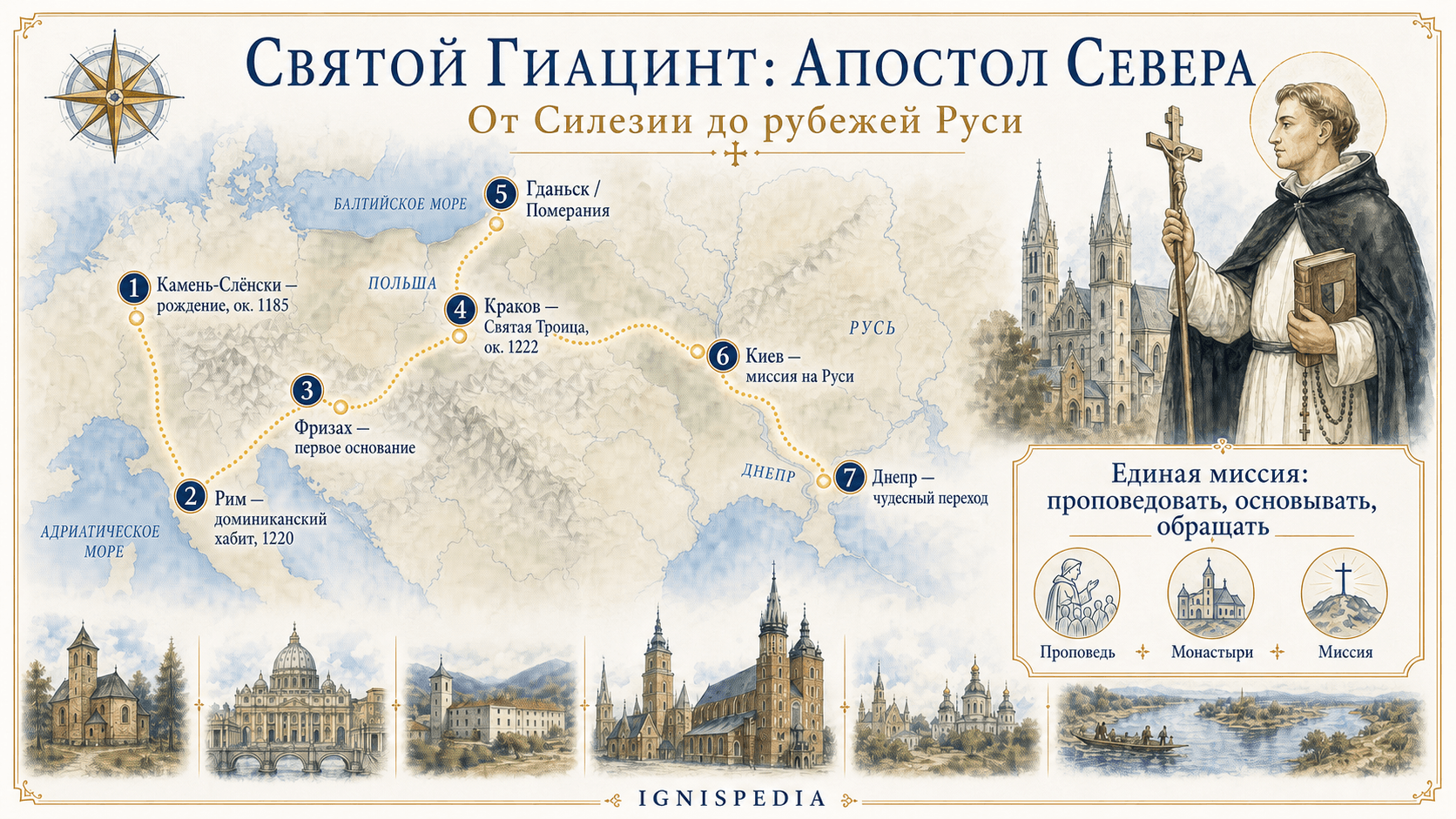 Русская инфографическая карта мест жизни и миссий святого Гиацинта: Камень-Слёнски, Рим, Фризах, Краков, Гданьск, Киев и Днепр