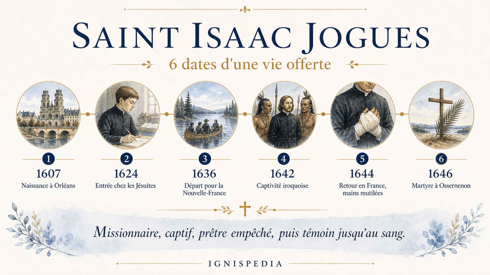 Infographie chronologique de la vie de saint Isaac Jogues en six dates