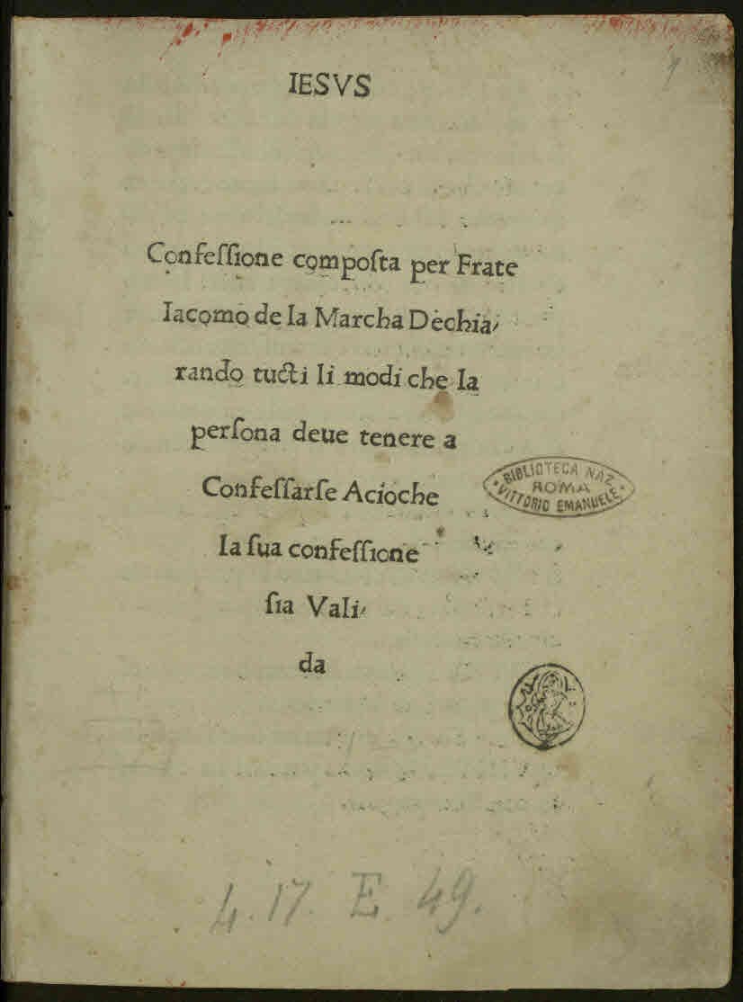 Printed title page of La confessione by James of the Marches, about 1476