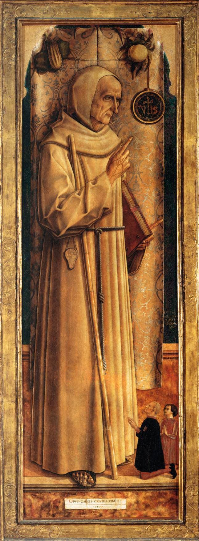 Saint James of the Marches in Franciscan habit holding a staff and a book, with two kneeling donors, painted by Carlo Crivelli in 1477