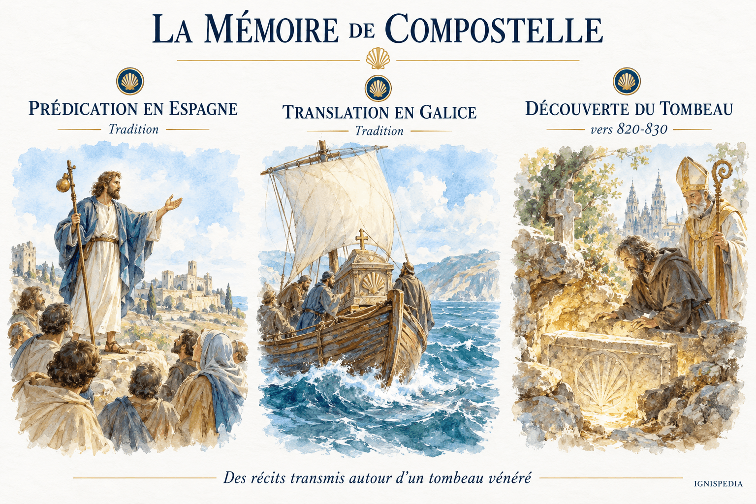 Les trois moments de la tradition compostellane : prédication, translation et découverte du tombeau