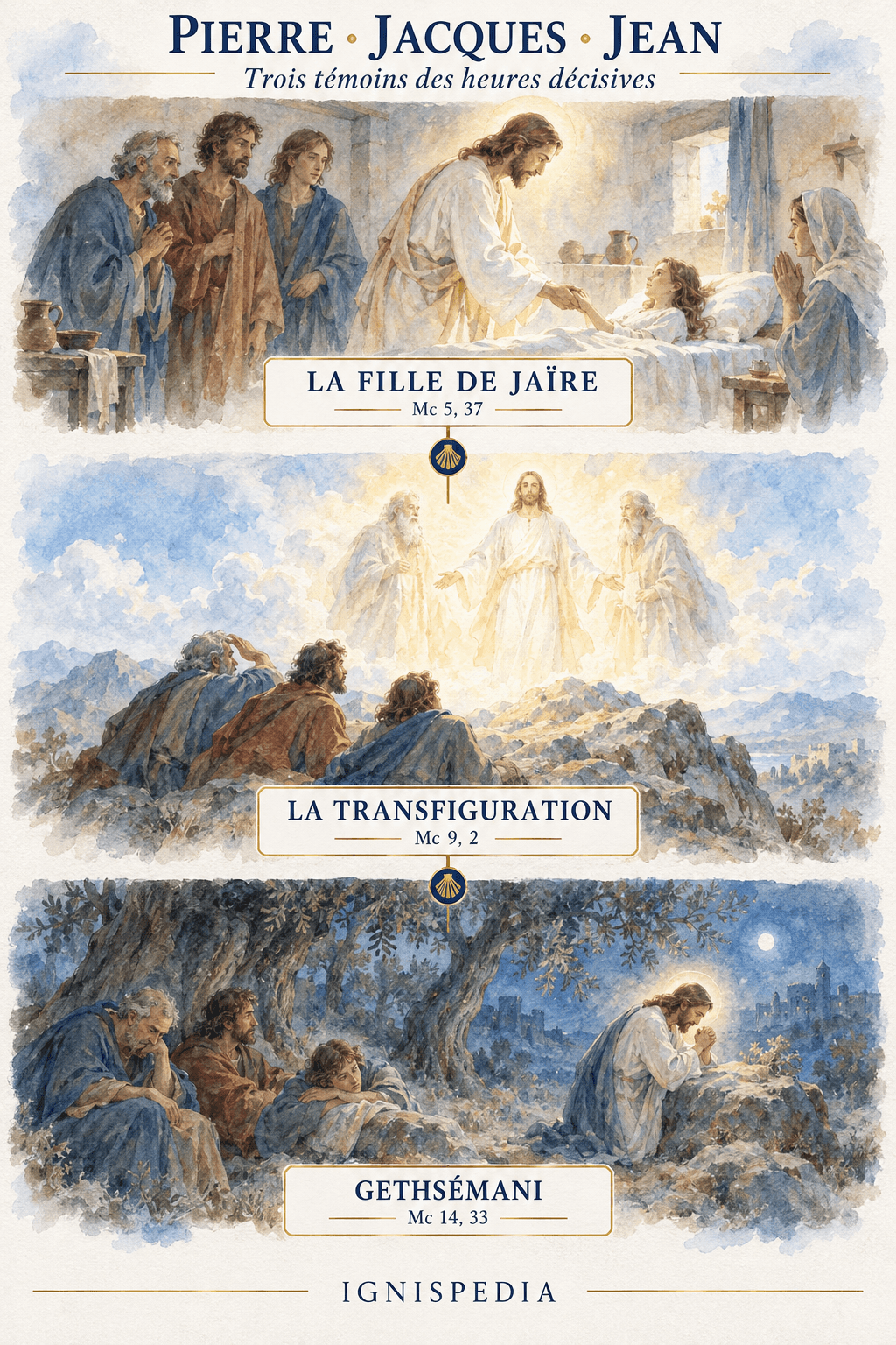 Jacques avec Pierre et Jean auprès de la fille de Jaïre, à la Transfiguration et à Gethsémani