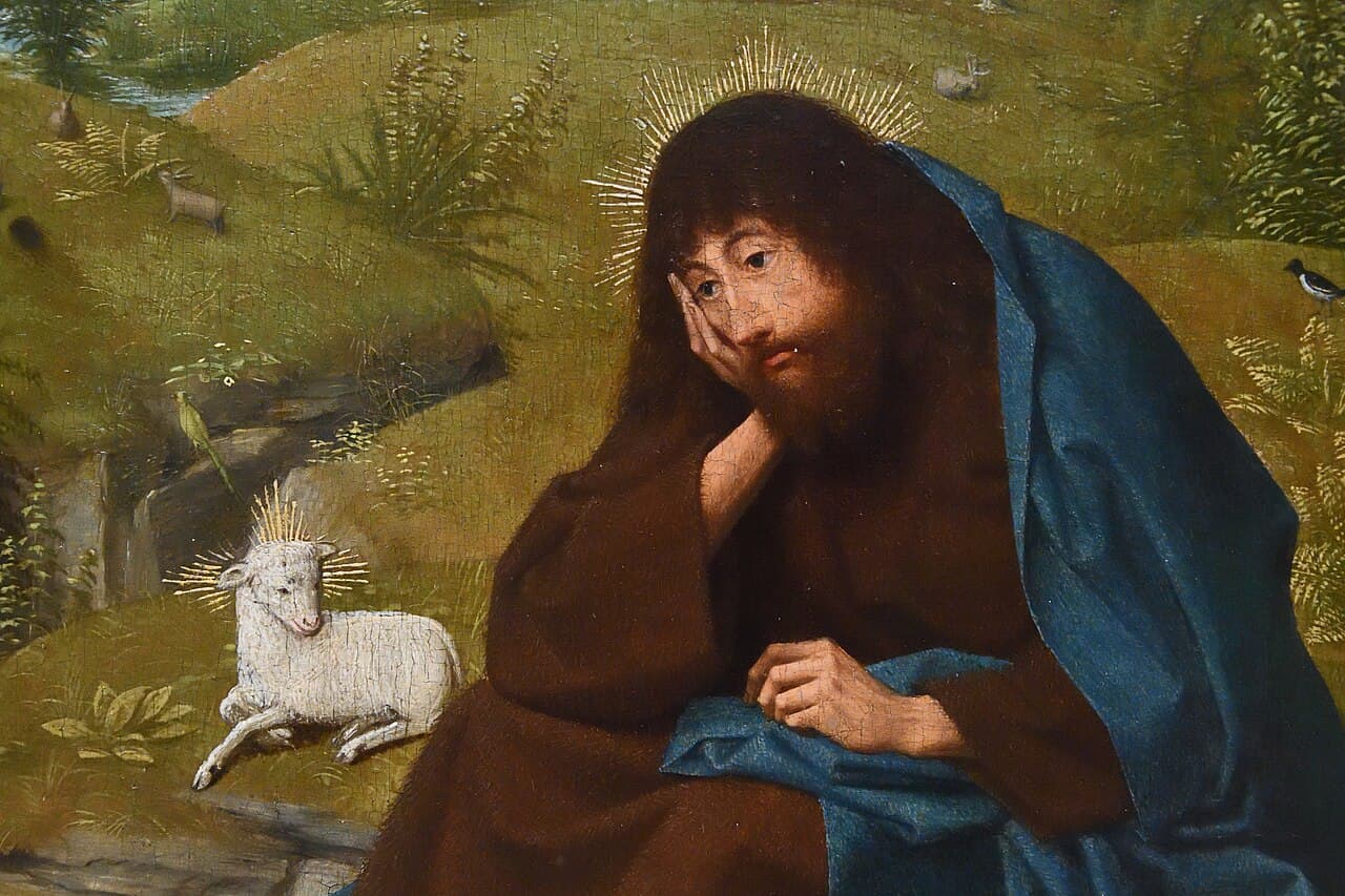 Giovanni Battista in meditazione accanto all'agnello, dettaglio del dipinto di Geertgen