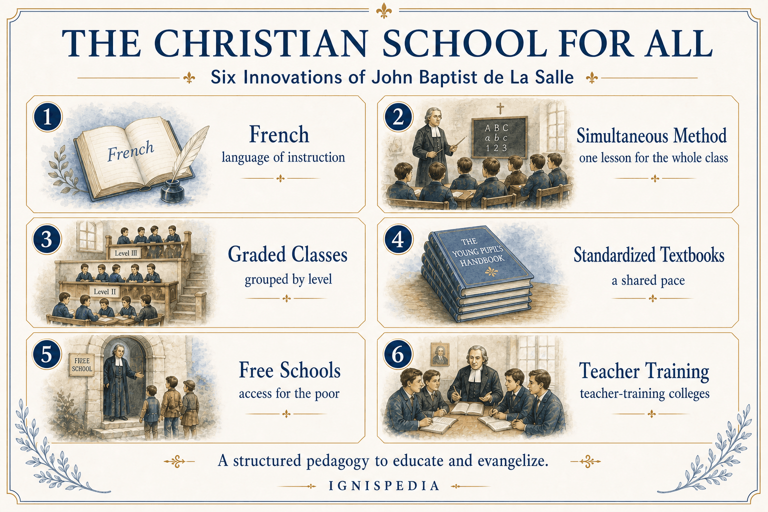 Infographic presenting six pedagogical innovations of John Baptist de La Salle: French, simultaneous method, graded classes, identical textbooks, free schools, teacher training