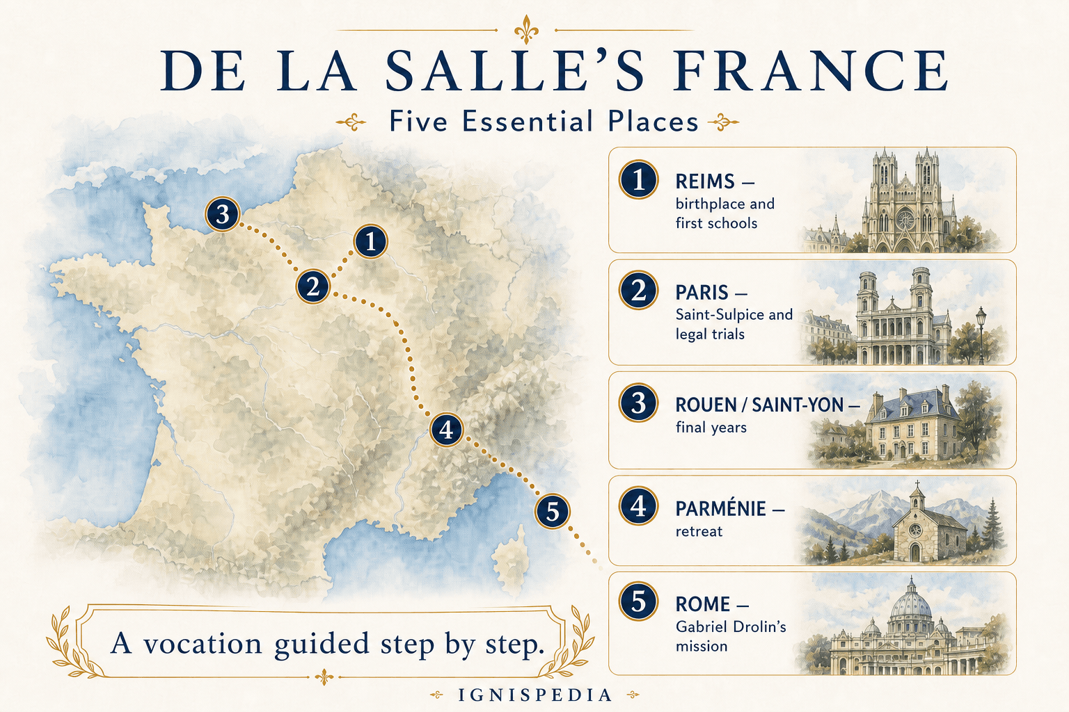 Infographic map of the key places in the life of Saint John Baptist de La Salle: Reims, Paris, Rouen, Parménie, and Rome