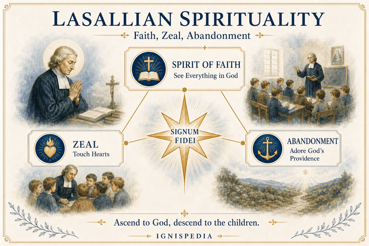 Infographic of Lasallian spirituality in three pillars: spirit of faith, zeal, and abandonment