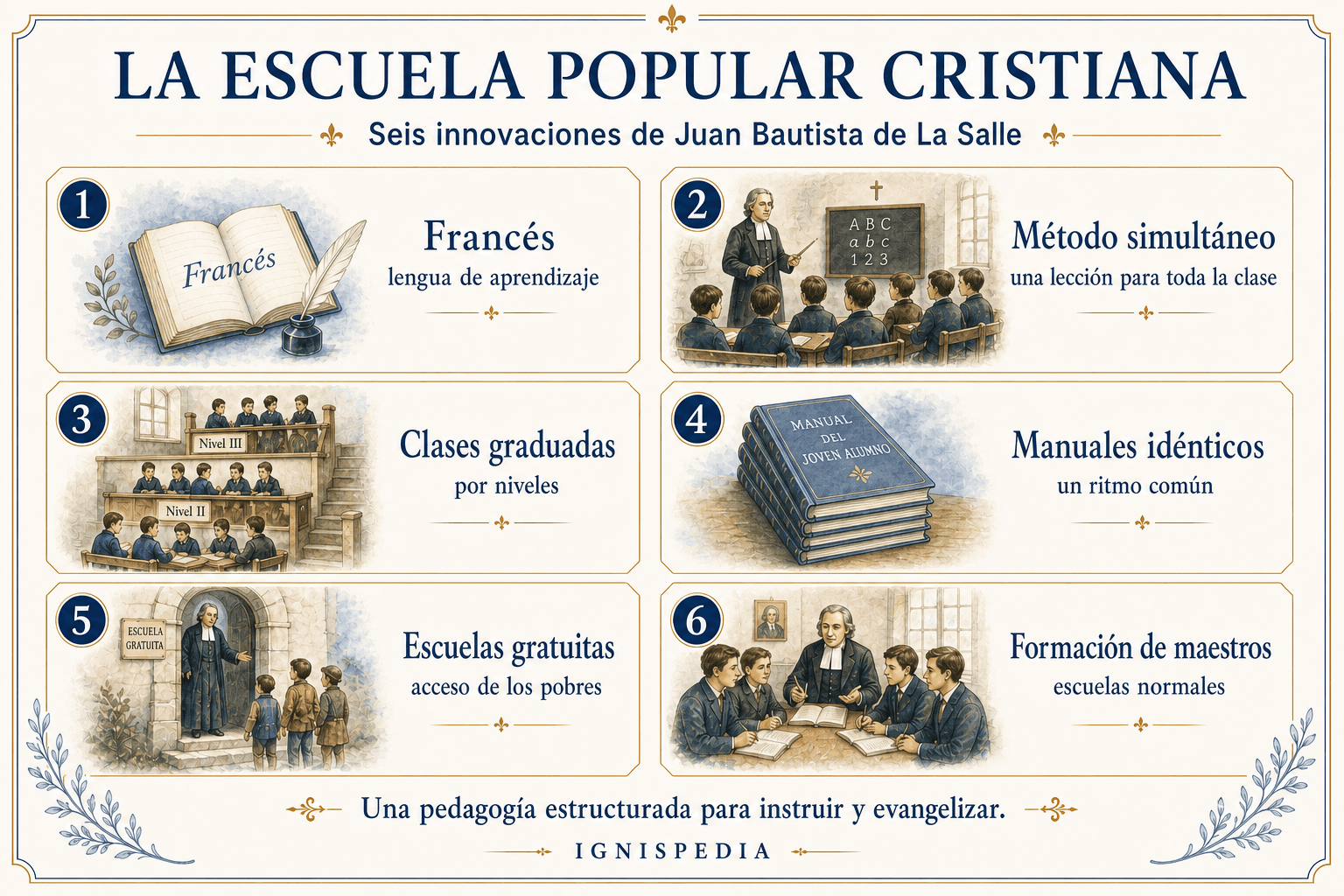 Infografía que presenta seis innovaciones pedagógicas de san Juan Bautista de La Salle: francés, método simultáneo, clases graduadas, manuales idénticos, escuelas gratuitas, formación de maestros