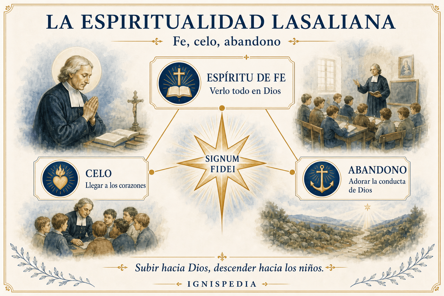 Infografía de la espiritualidad lasaliana en tres pilares: espíritu de fe, celo y abandono