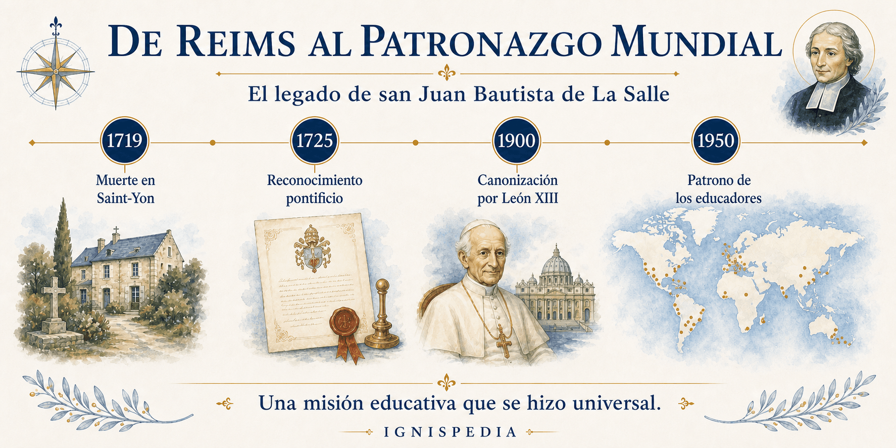 Infografía cronológica de la posteridad lasaliana: muerte en Saint-Yon, reconocimiento pontificio, canonización y patronazgo mundial