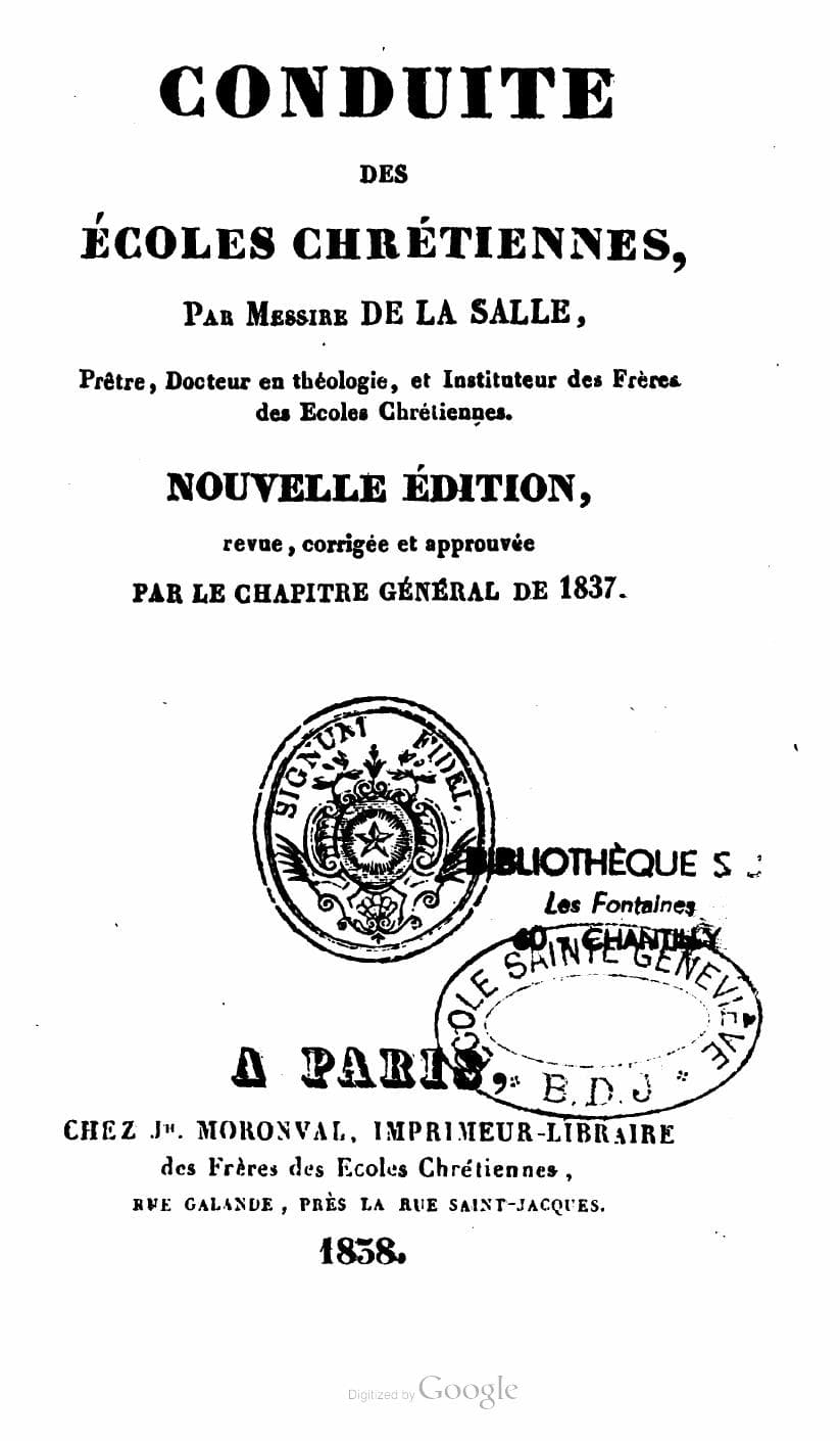Title page of an 1838 edition of the Conduct of Christian Schools by John Baptist de La Salle