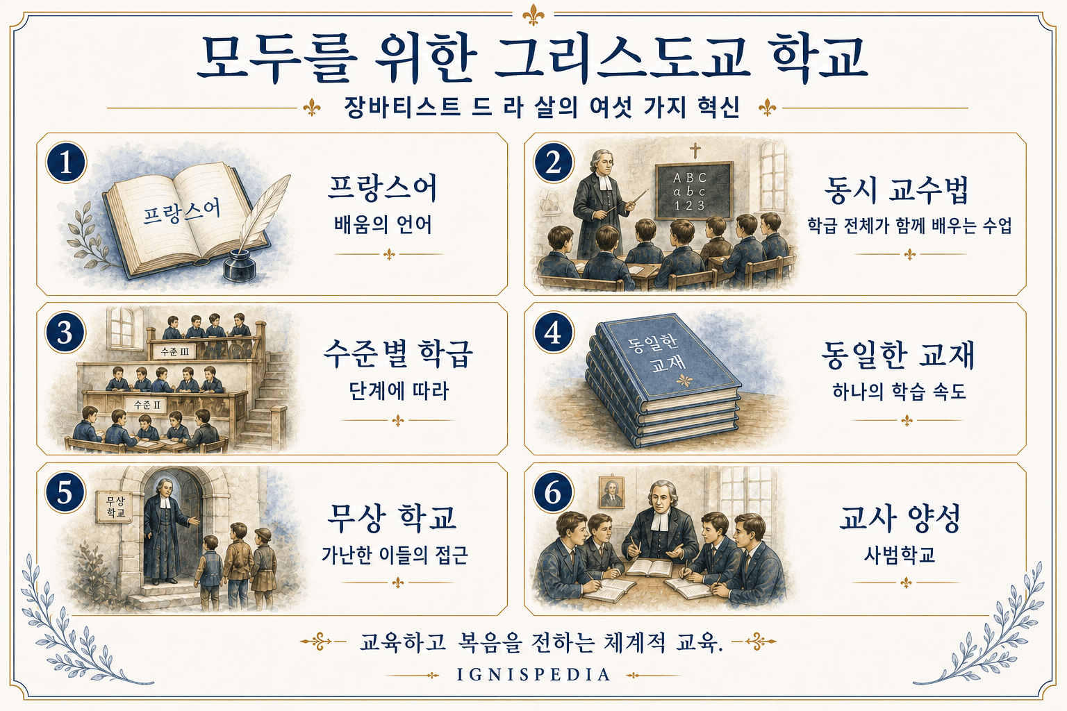 장바티스트 드 라 살의 여섯 가지 교육 혁신: 프랑스어, 동시 교수법, 수준별 반 편성, 동일 교재, 무료 학교, 교사 양성