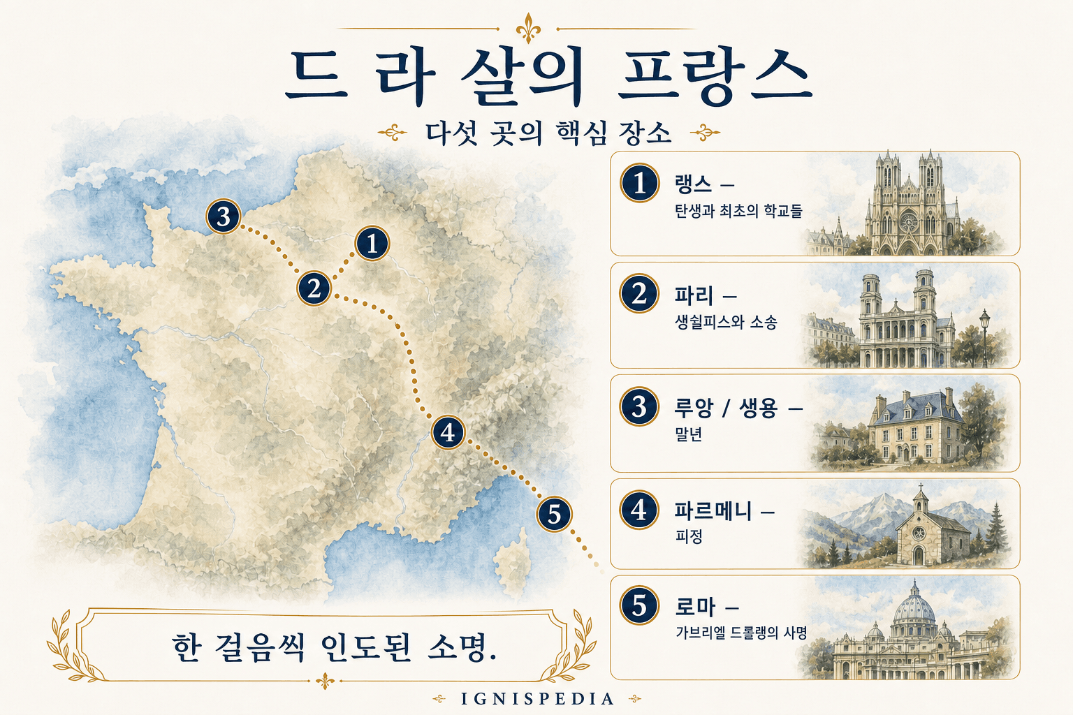 성 장바티스트 드 라 살의 삶에서 중요한 장소들: 랭스, 파리, 루앙, 파르메니, 로마를 나타낸 인포그래픽 지도