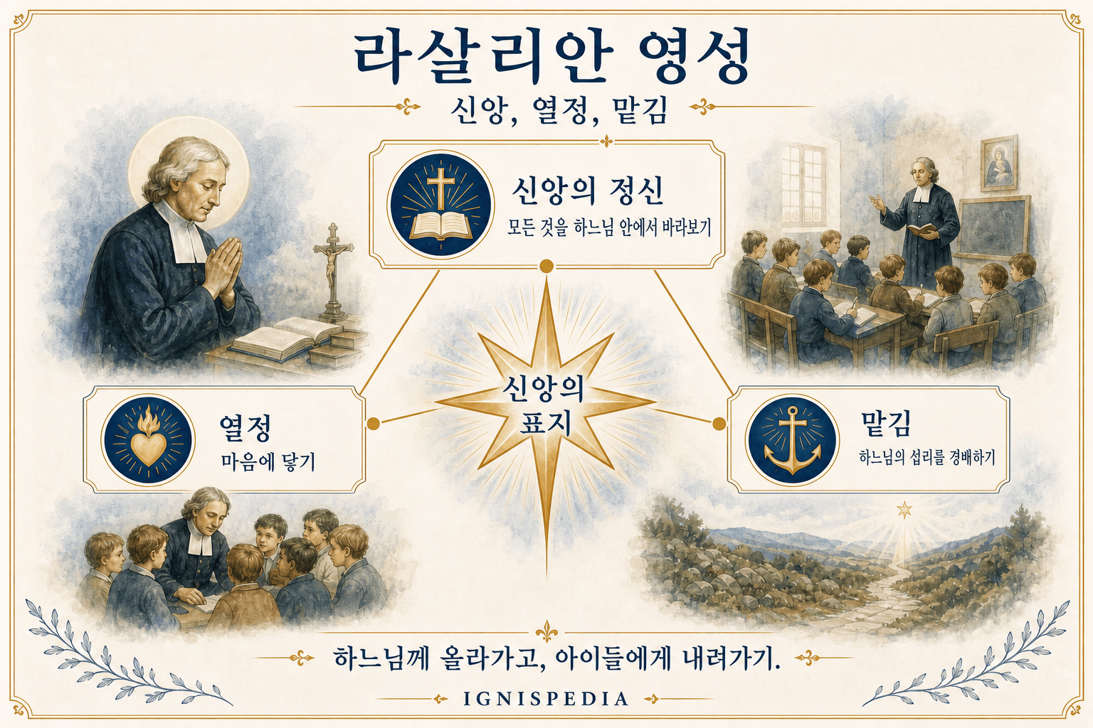 라살리안 영성의 세 기둥: 신앙의 정신, 사도적 열정, 하느님의 뜻에 대한 맡김 인포그래픽