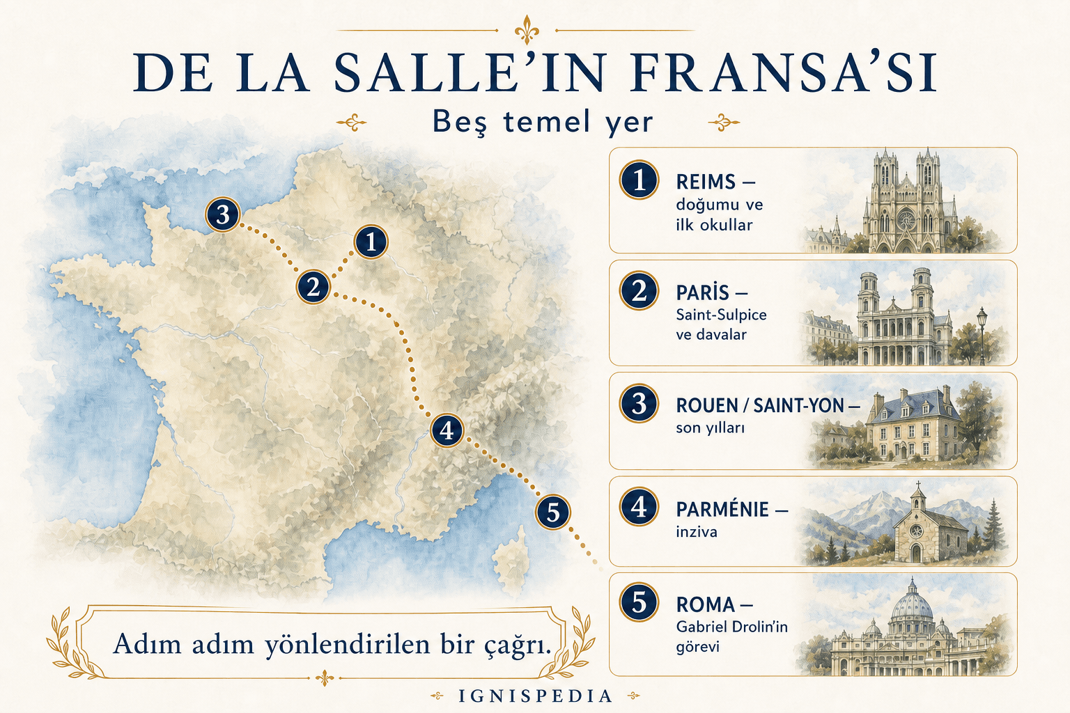 Aziz Jean-Baptiste de La Salle’in hayatındaki başlıca yerlerin infografik haritası: Reims, Paris, Rouen, Parménie ve Roma