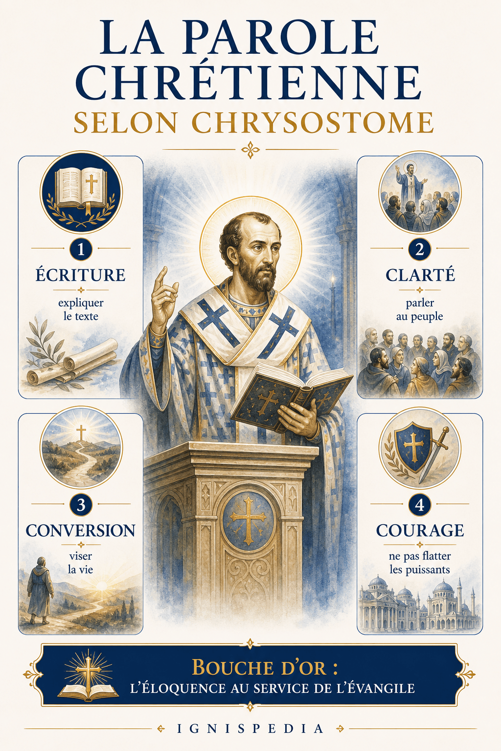 Infographie sur les quatre qualités de la parole chrétienne selon saint Jean Chrysostome