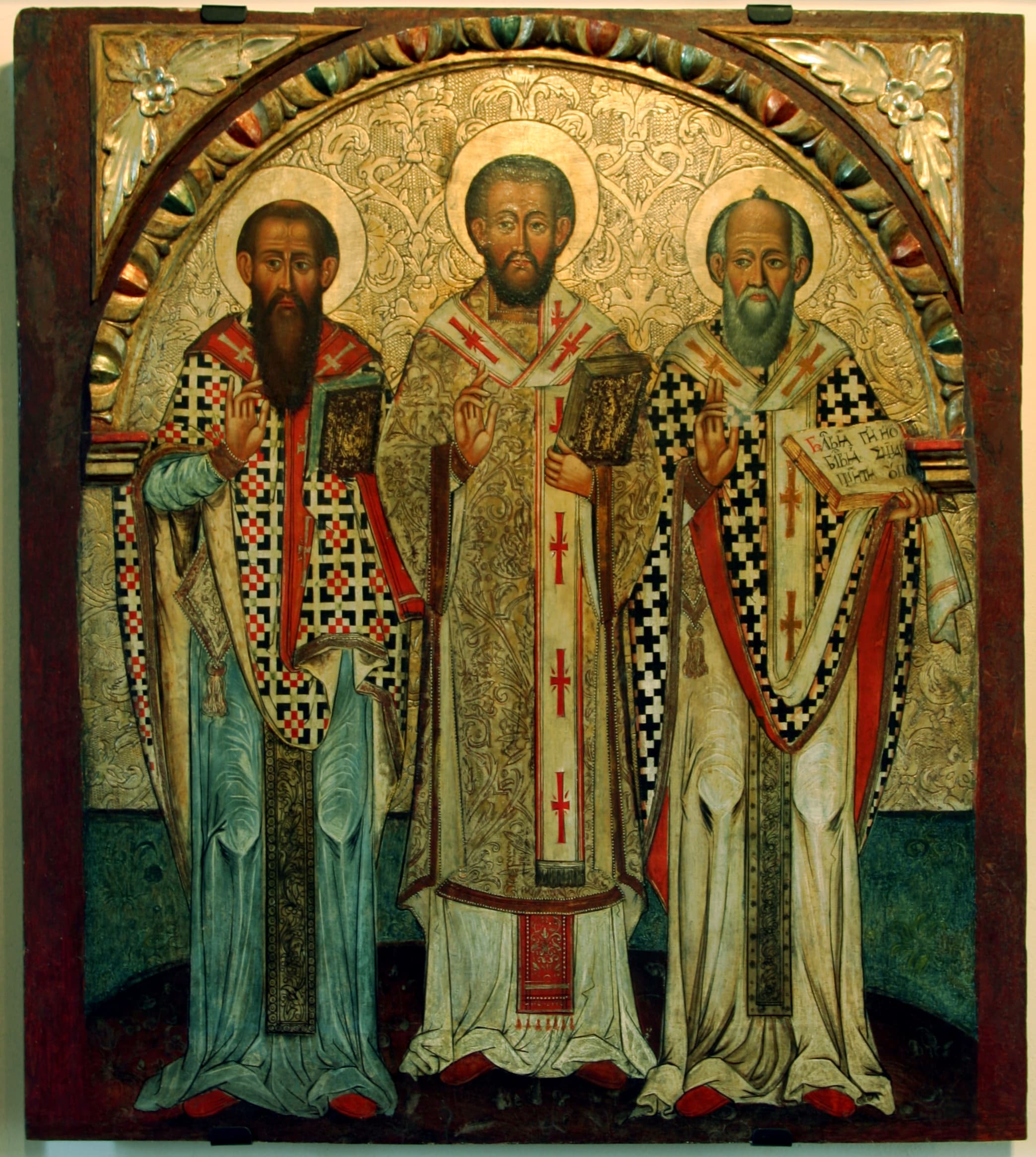 Ikone der Drei Heiligen Hierarchen: Basilius, Johannes Chrysostomos und Gregor