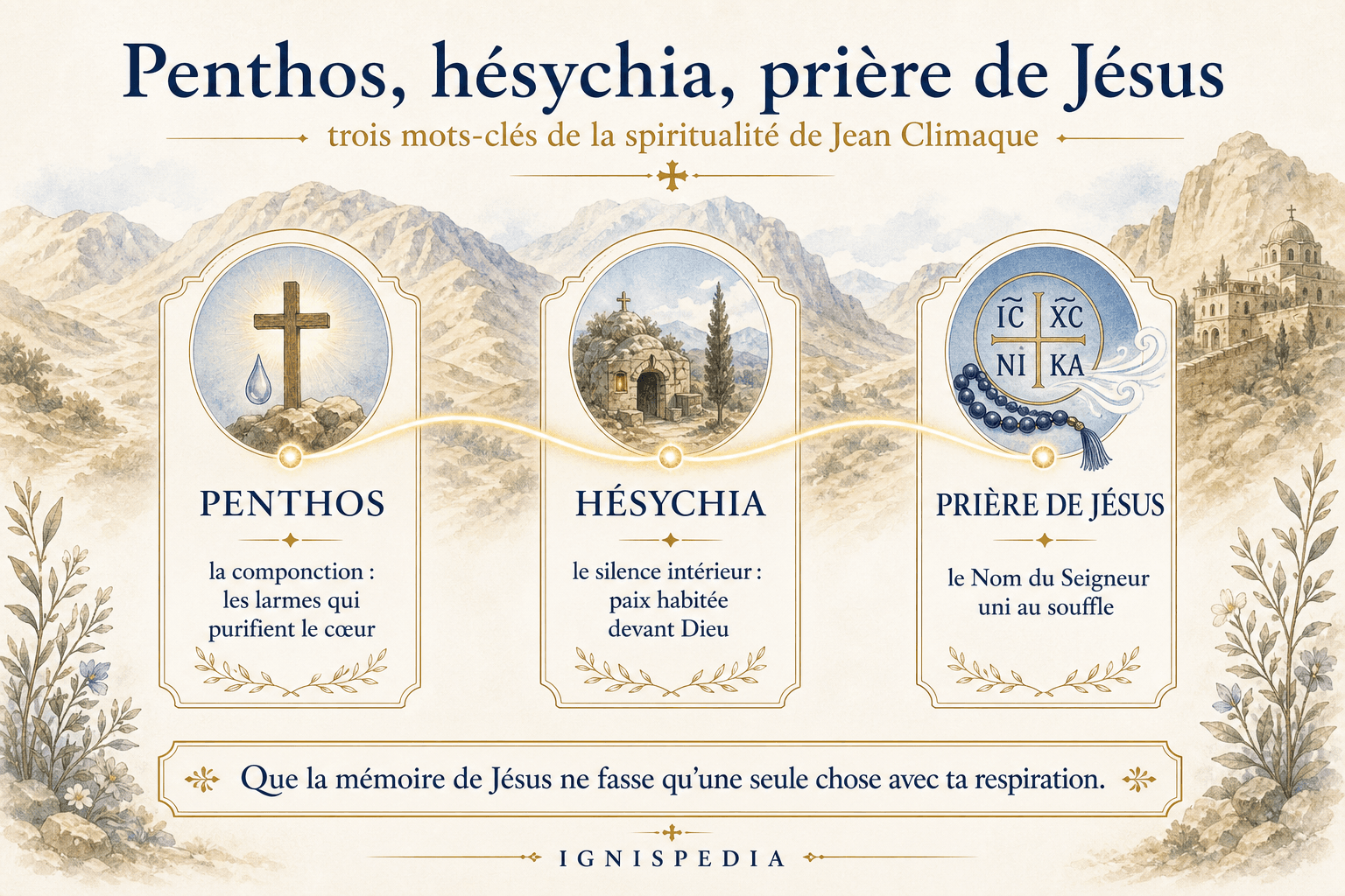 Infographie expliquant penthos, hésychia et prière de Jésus chez saint Jean Climaque
