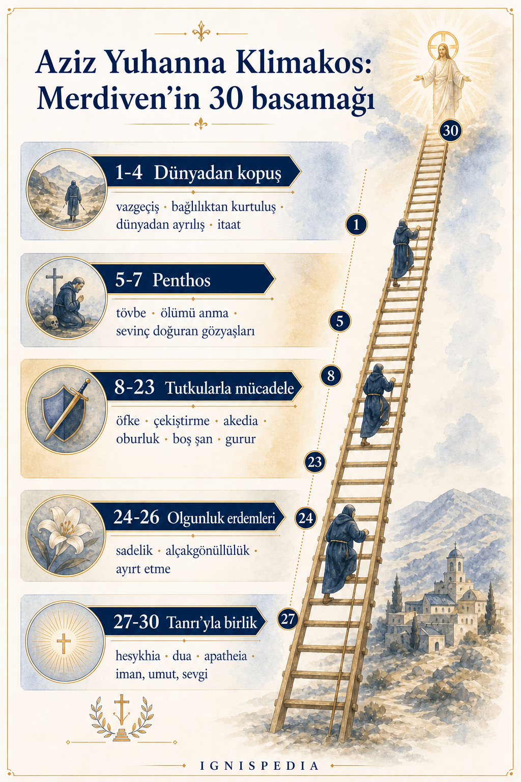 Aziz Yuhanna Klimakos’un Kutsal Merdiven’inin otuz basamağının infografiği