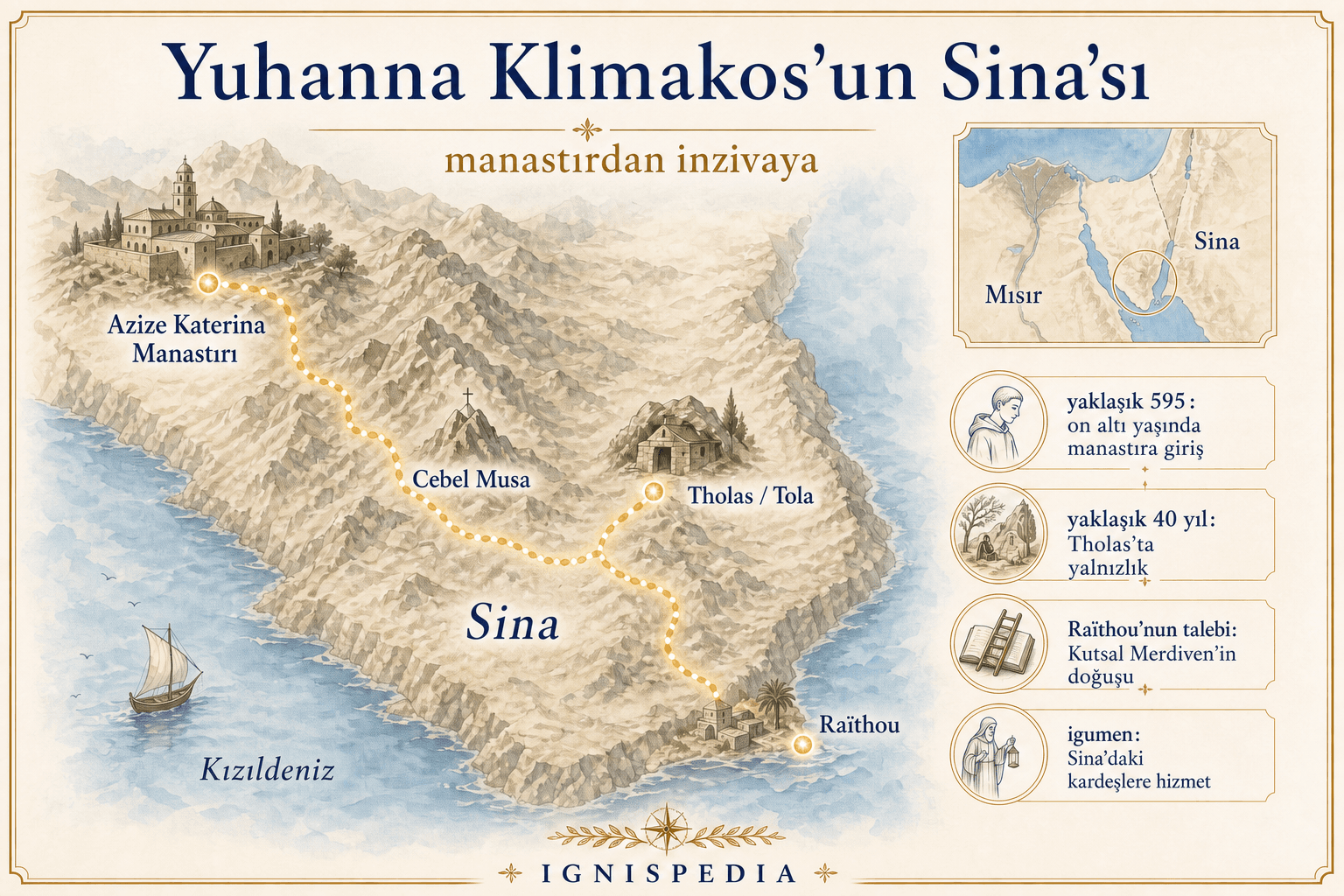 Yuhanna Klimakos’un Sina Dağı infografik haritası: Azize Katerina Manastırı, Cebel Musa, Tholas ve Raïthou