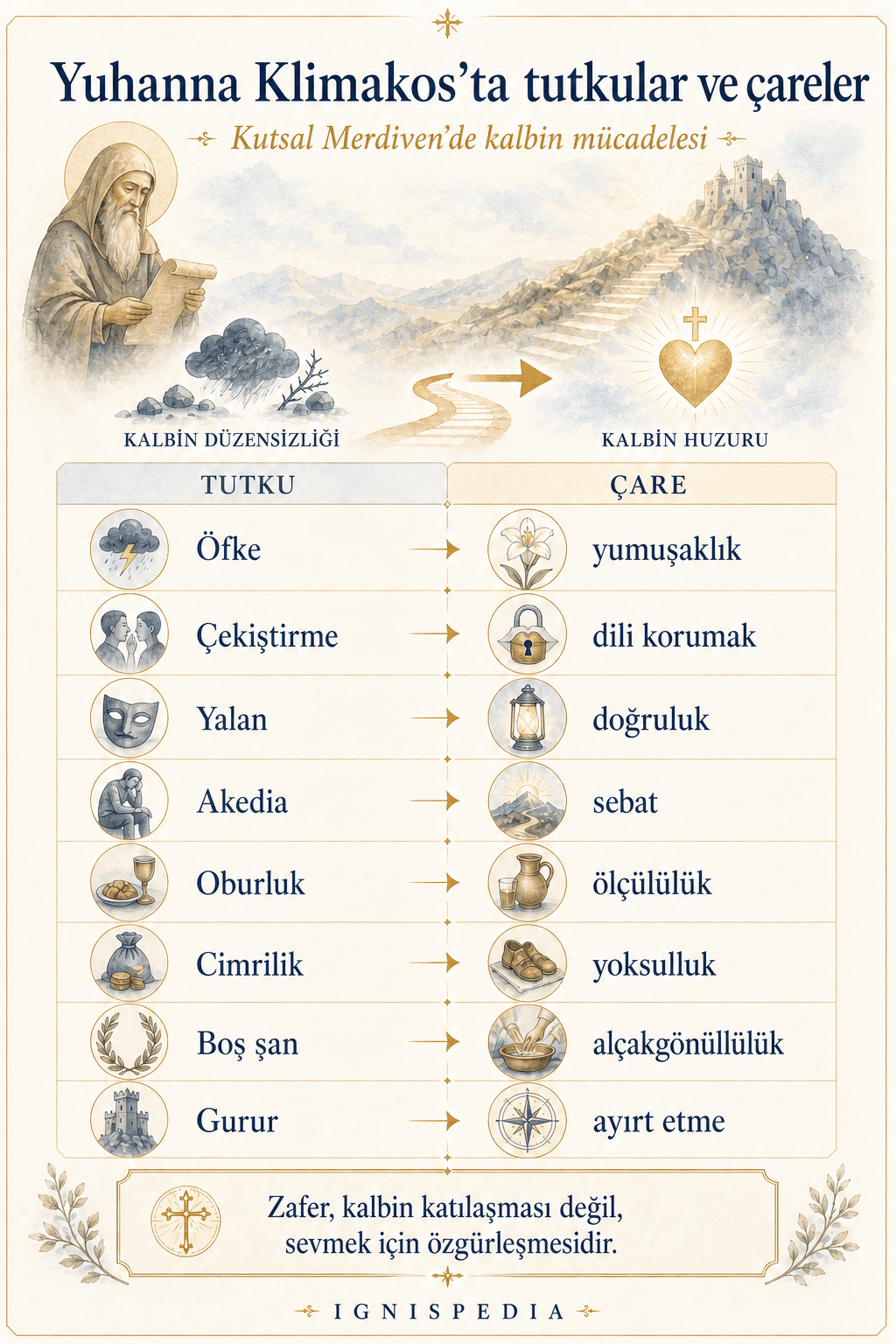 Aziz Yuhanna Klimakos’un Kutsal Merdiven’inde tutkular ve ruhsal çareler infografiği