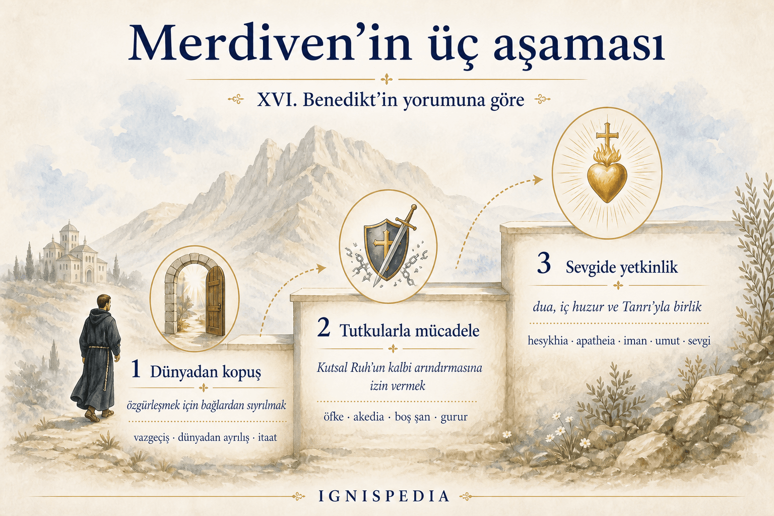 Merdiven’in üç aşamasının infografiği: dünyadan kopuş, tutkularla mücadele, sevgide mükemmellik