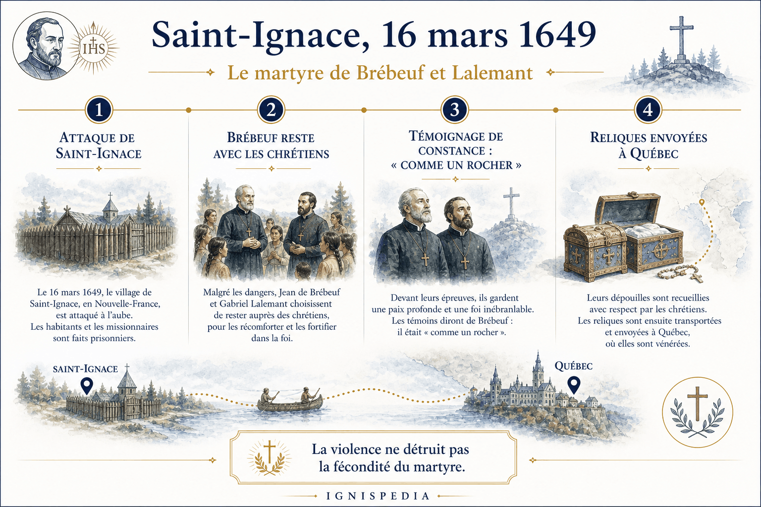 Dezenter Fries des Martyriums Brébeufs und Lalemants in Saint-Ignace und der Überführung der Reliquien nach Québec