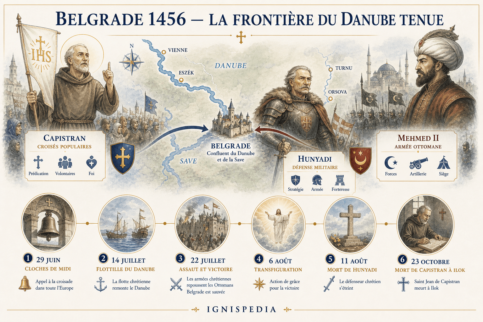 Infographie sur la croisade de Belgrade en 1456, les cloches de midi, la victoire du 22 juillet et ses suites