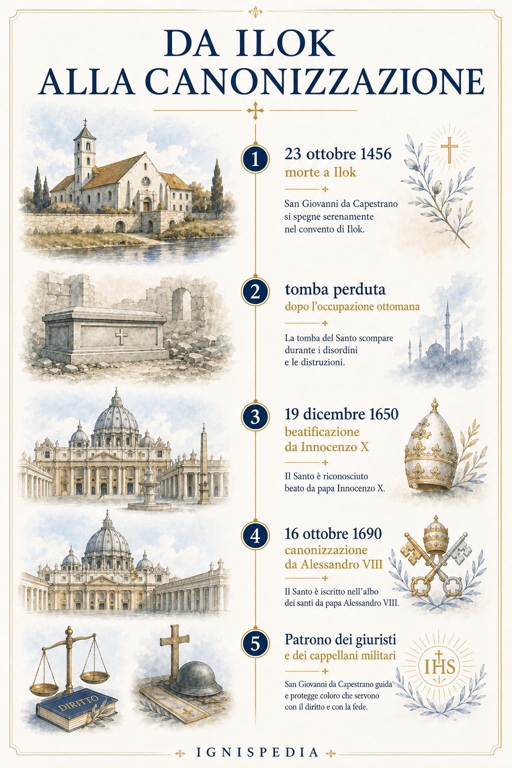 Cronologia infografica della morte a Ilok, della beatificazione, della canonizzazione e dei patronati di Giovanni da Capestrano