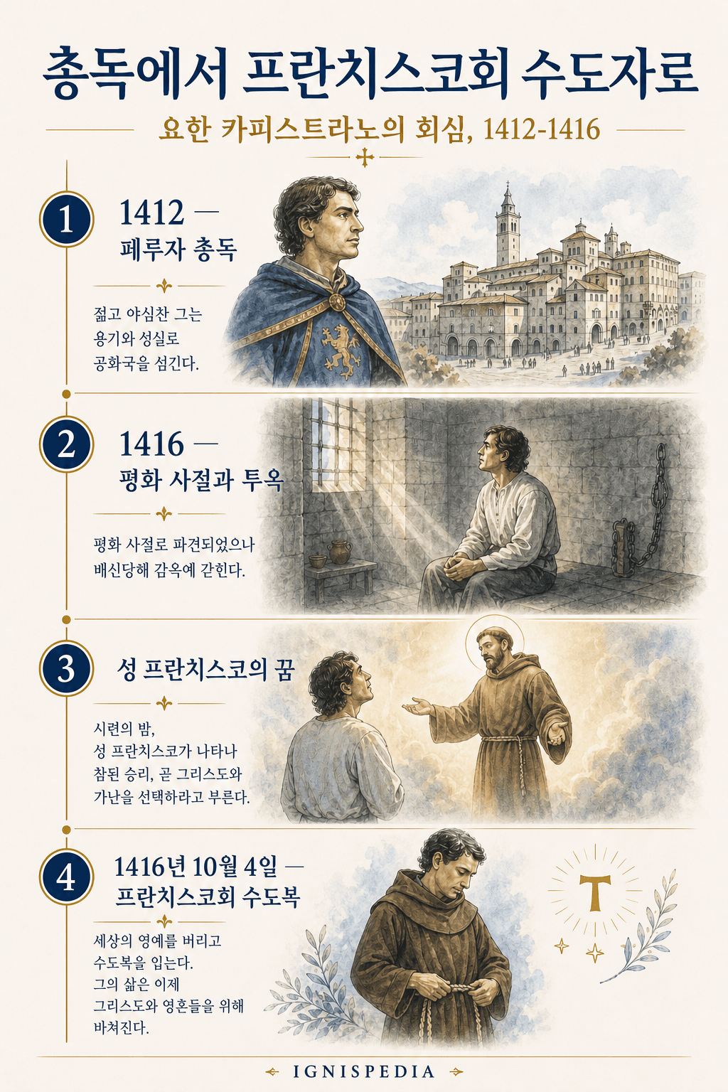 페루자 총독에서 프란치스코회 수사가 되기까지 요한 카피스트라노의 회심을 보여 주는 인포그래픽