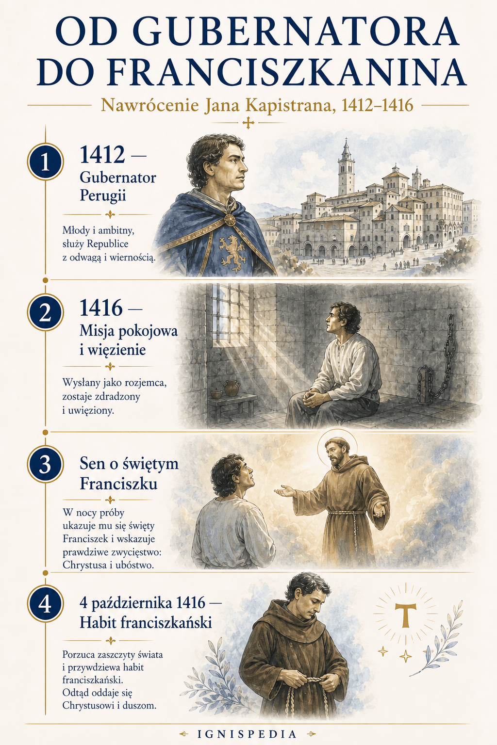 Infograficzna chronologia nawrócenia Jana Kapistrana, od gubernatora Perugii do habitu franciszkańskiego