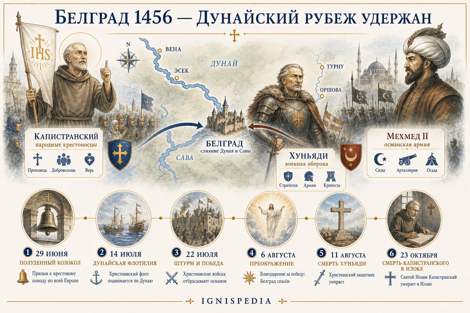 Инфографика о крестовом походе на Белград в 1456 году, полуденных колоколах, победе 22 июля и её последствиях