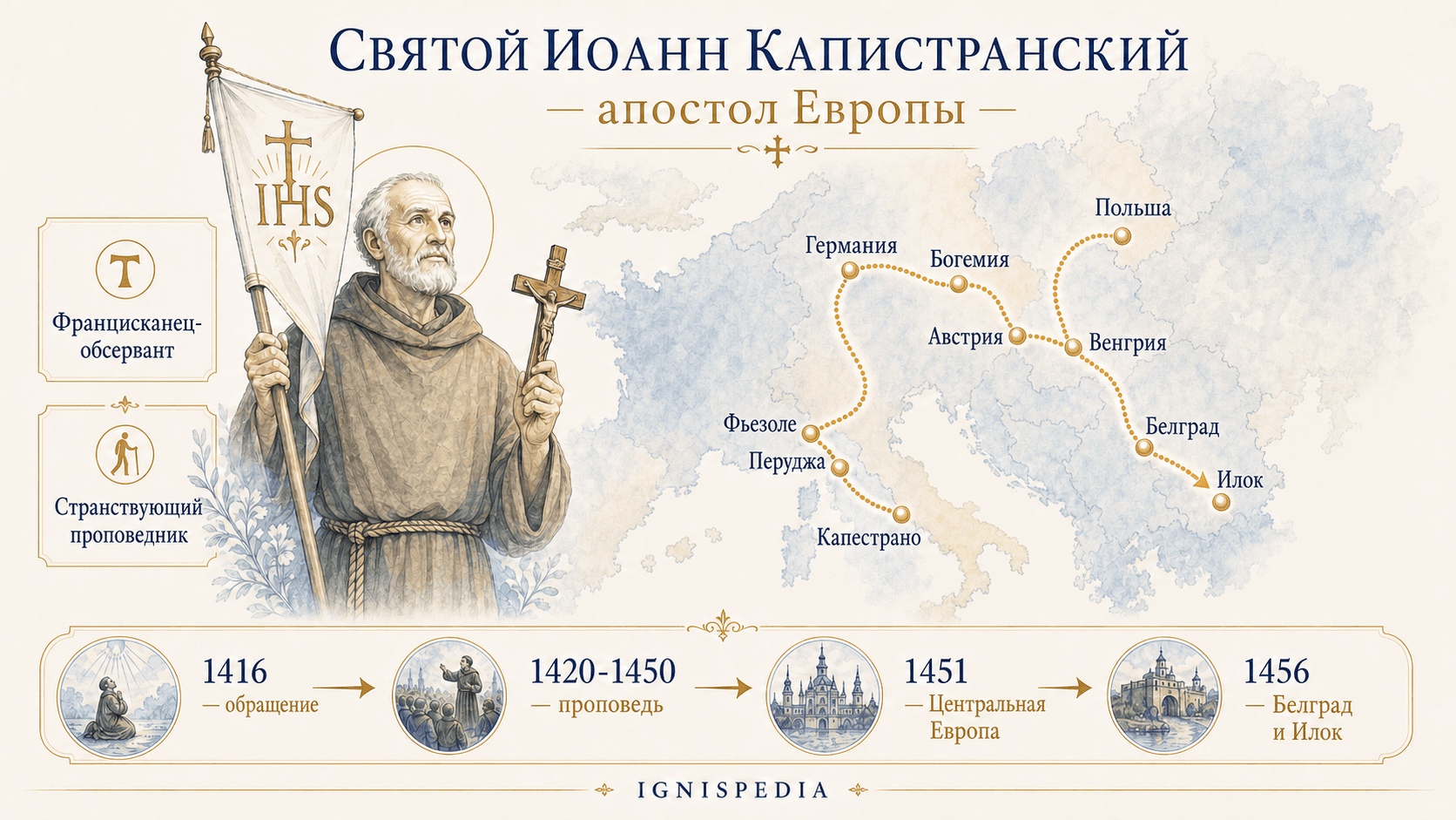 Инфографическая карта европейского пути святого Иоанна Капистранского от Капестрано до Илока через Белград