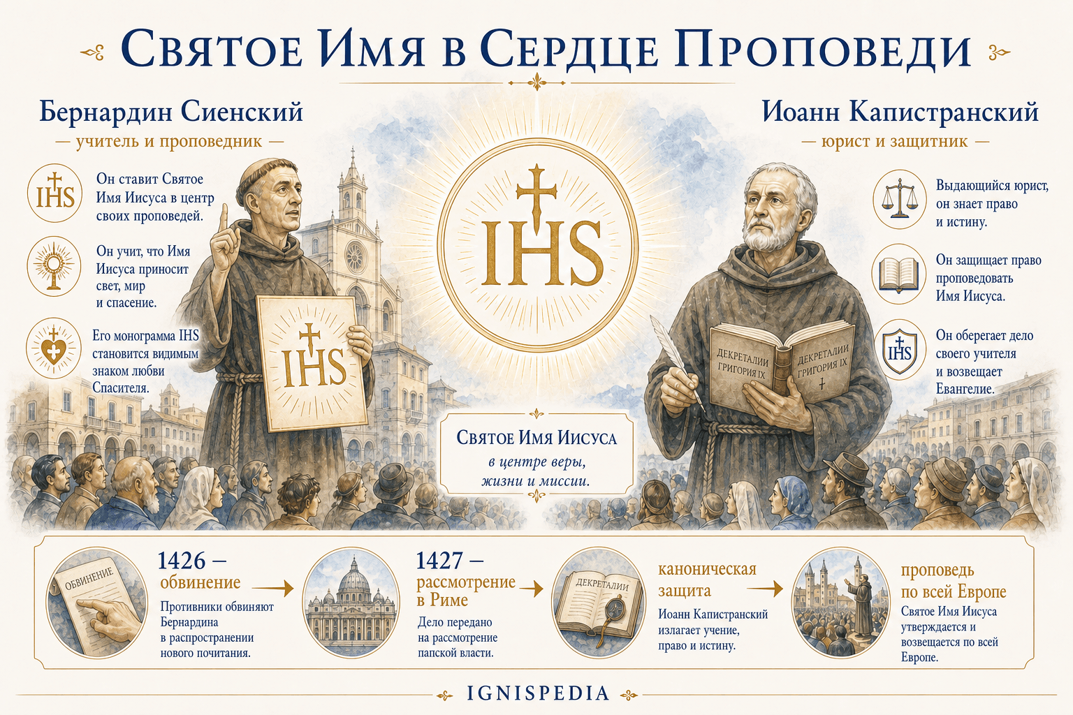 Инфографика о Бернардине Сиенском, Иоанне Капистранском и защите Святого Имени Иисуса