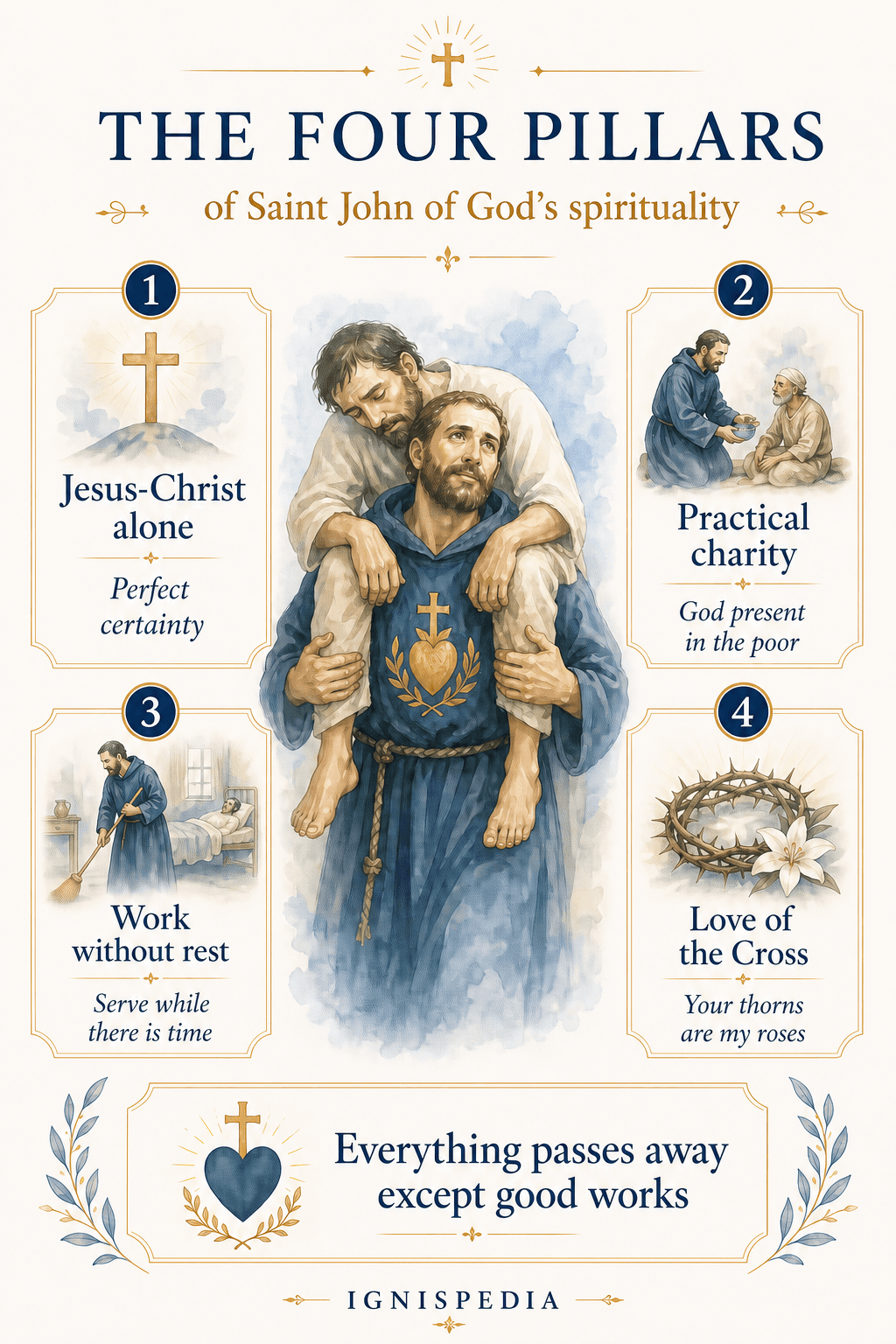 Infographic on the four pillars of Saint John of God's spirituality