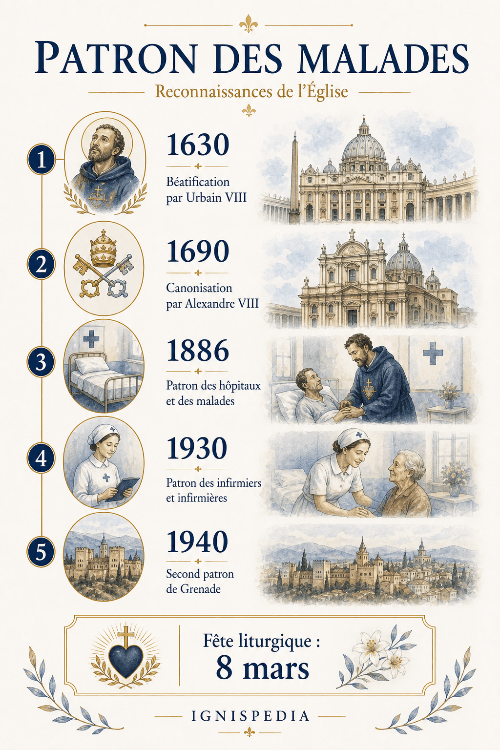 Infographie des reconnaissances ecclésiales et patronages de saint Jean de Dieu