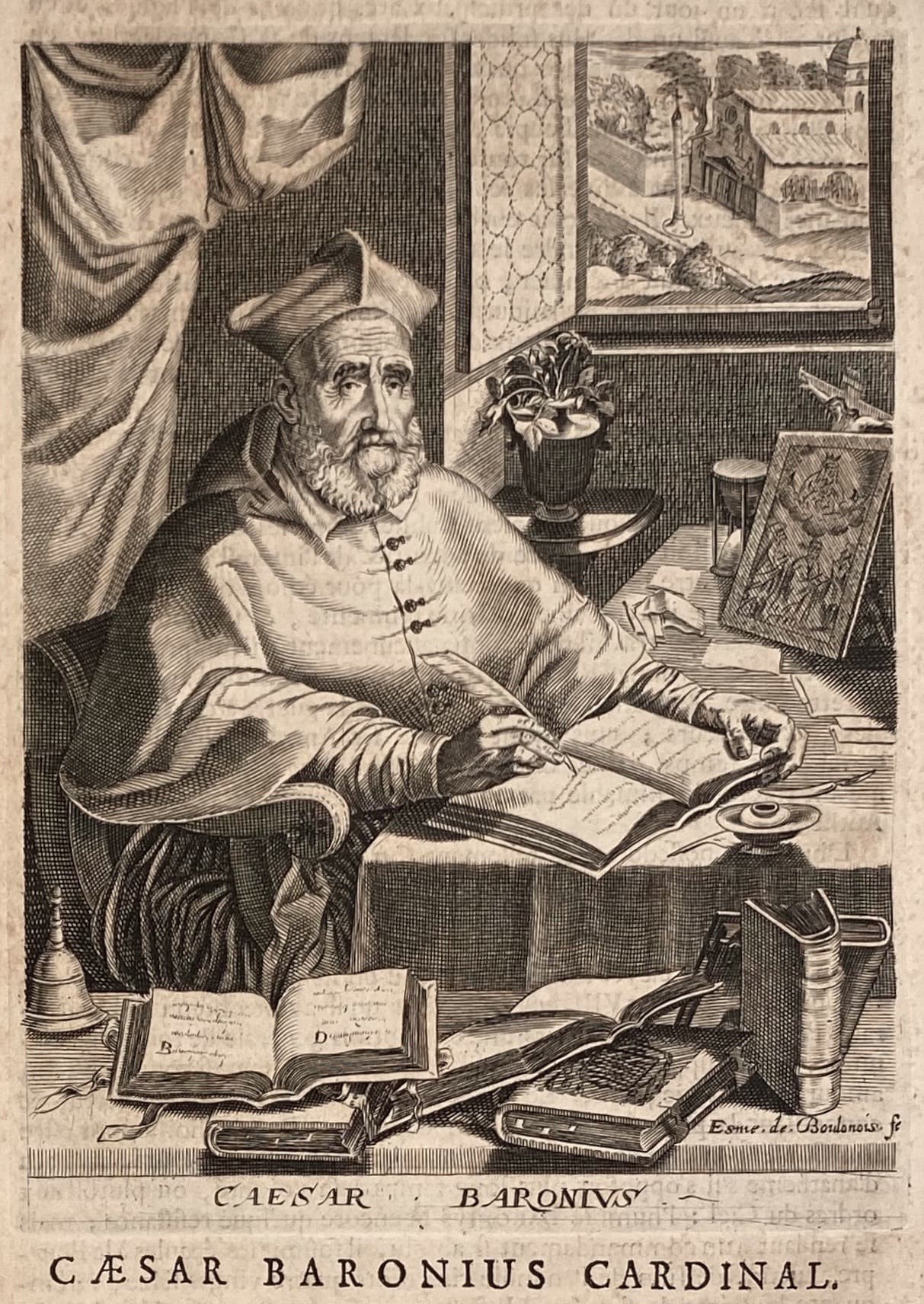 Retrato grabado del cardenal Cesare Baronio en la Academia de ciencias y artes de 1682