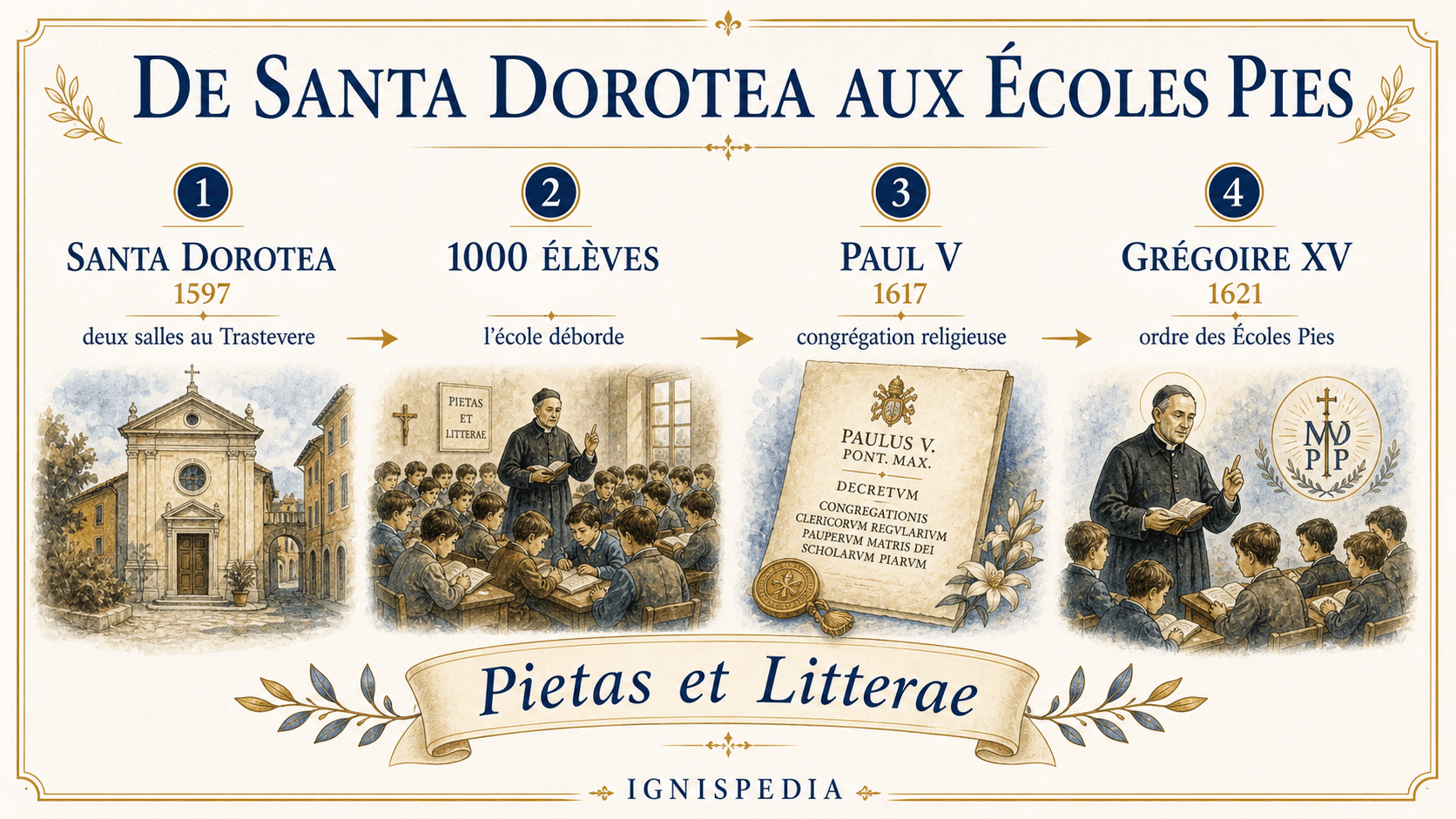 Infografía de Ignispedia: de Santa Dorotea a las Escuelas Pías, 1597 a 1621