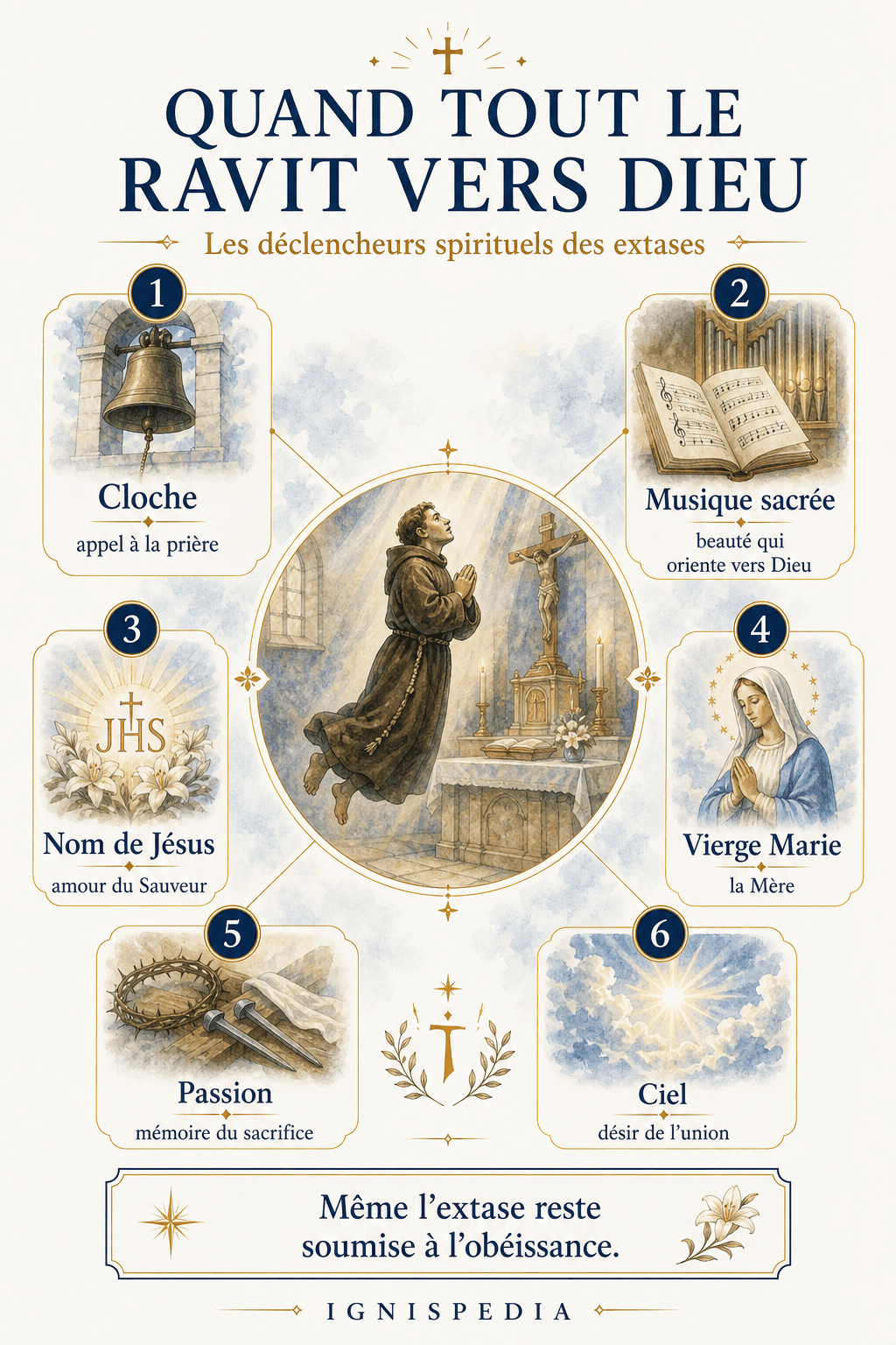 Infographie Ignispedia présentant les déclencheurs spirituels des extases de saint Joseph de Cupertino