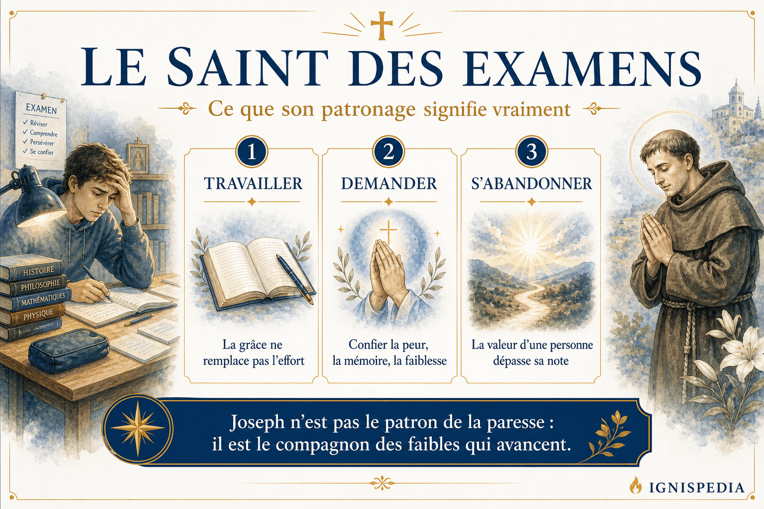 Infographie Ignispedia sur le patronage de saint Joseph de Cupertino auprès des étudiants et candidats aux examens