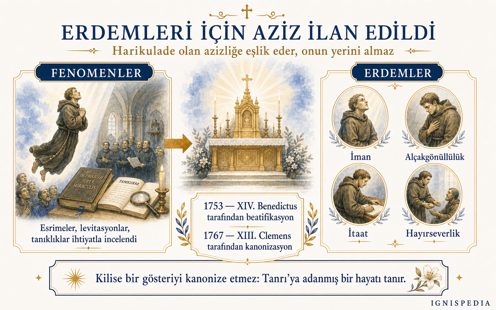 Aziz Joseph de Cupertino'nun fenomenlerin gösterisi için değil erdemleri için kanonize edildiğini açıklayan Ignispedia infografiği