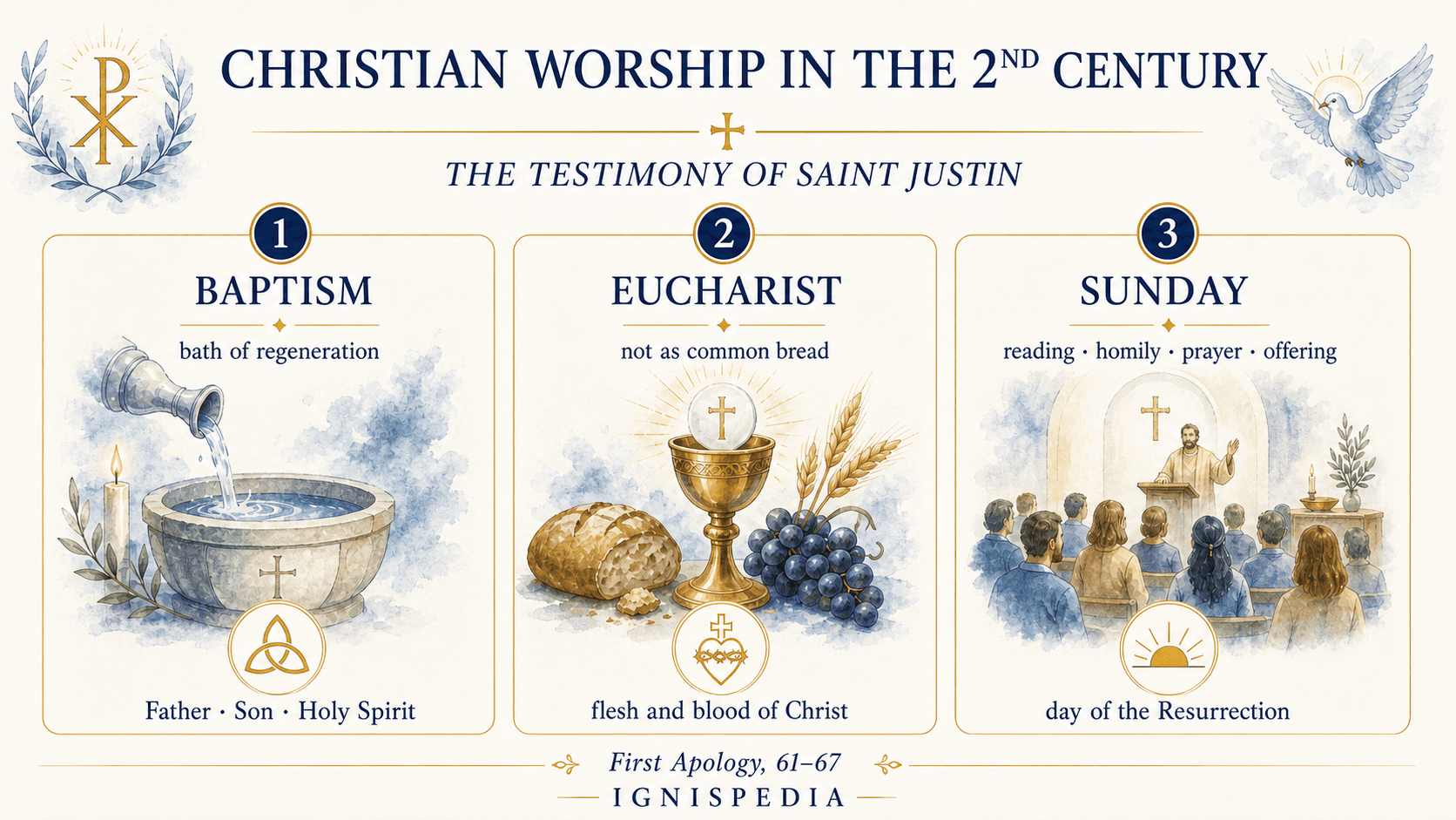 Infographic summarising Saint Justin's testimony about Baptism, the Eucharist and Christian Sunday